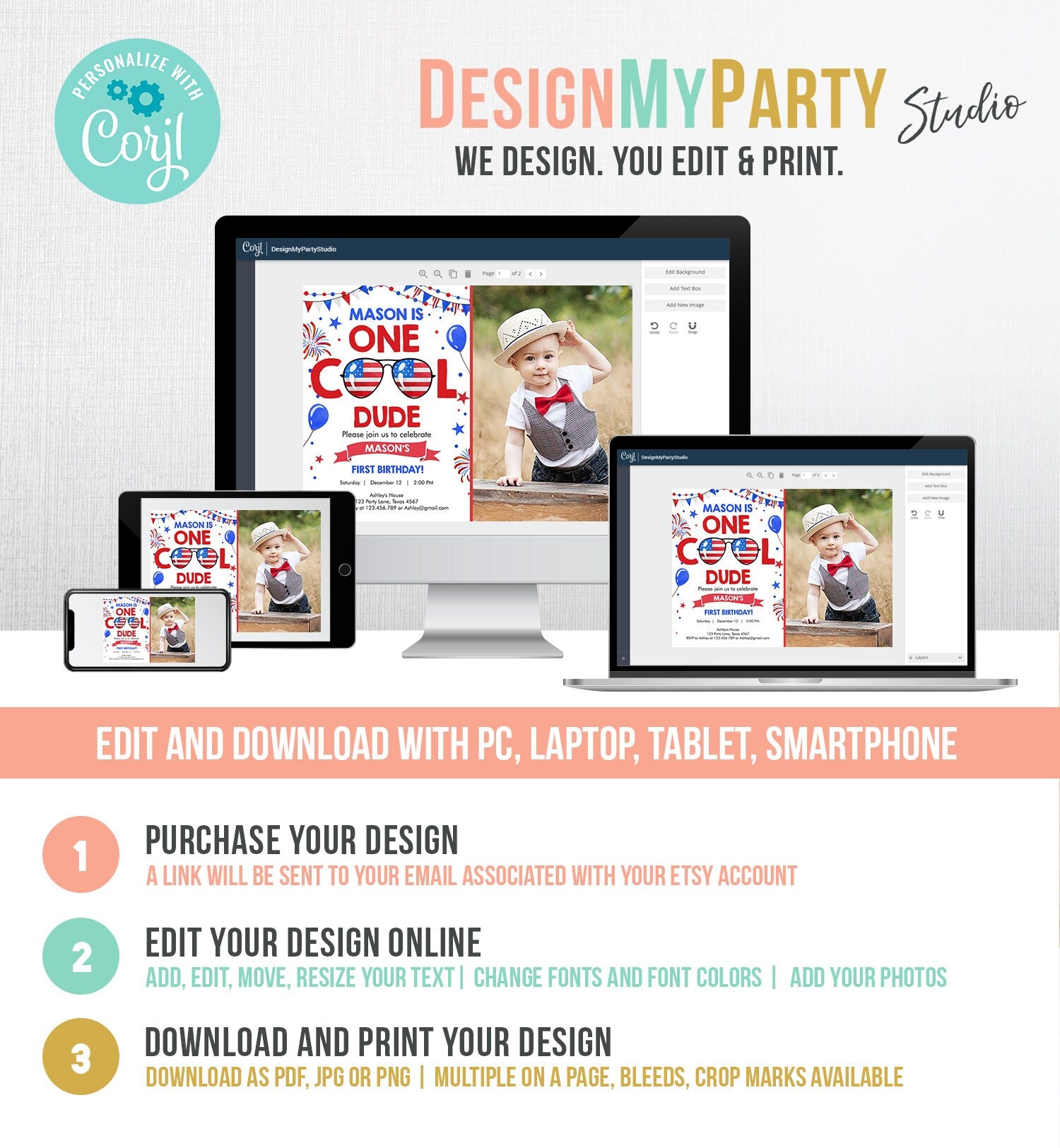 Editable Memorial Day Birthday Invitation 4th of July Little Firecracker Red White Blue One Cool Dude Sunglasses Template Corjl Digital 0122