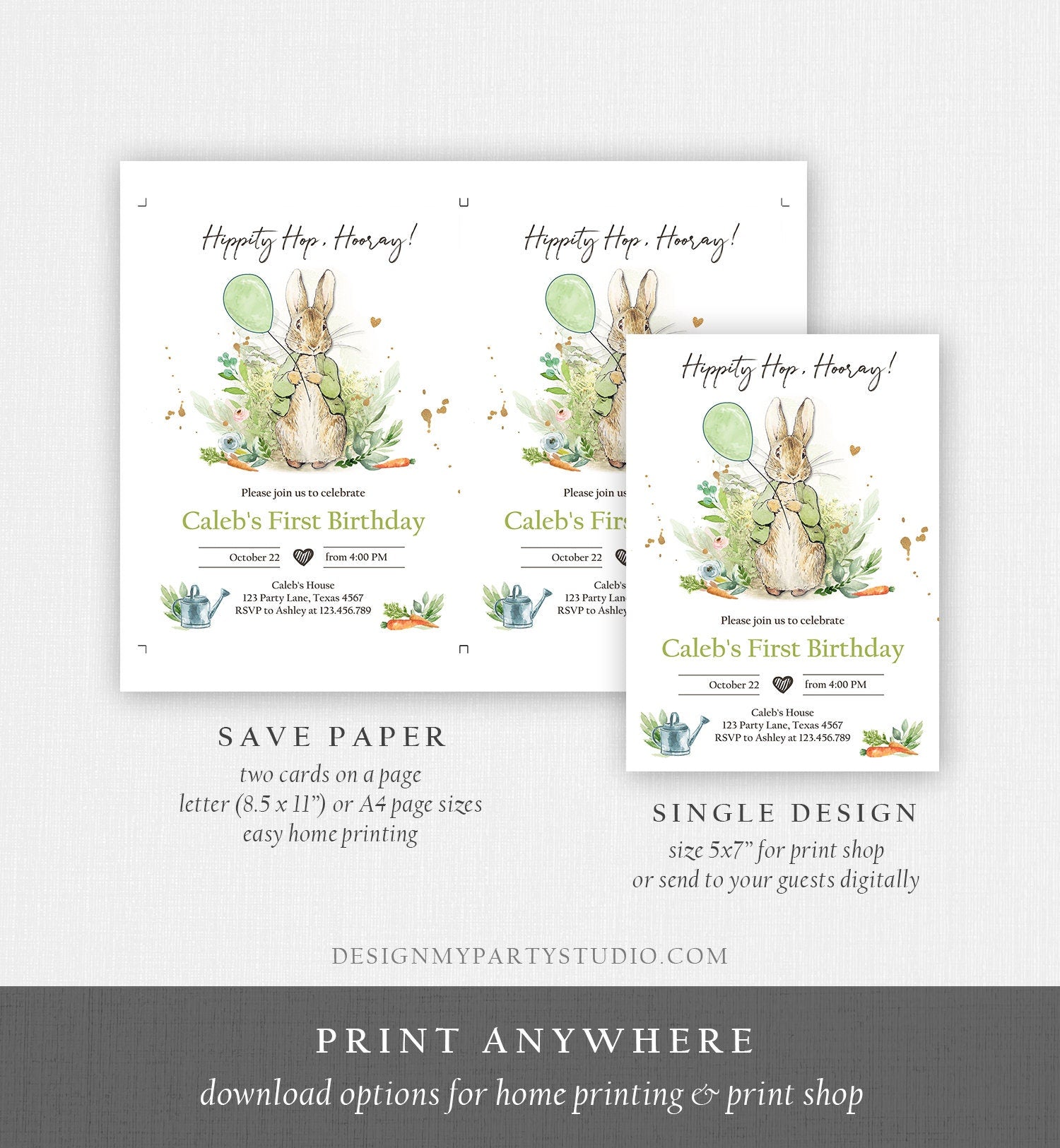 Editable Peter Rabbit Birthday Invitation Gender Neutral Peter Rabbit Birthday Invite Watercolor Digital Corjl Template Printable 0351