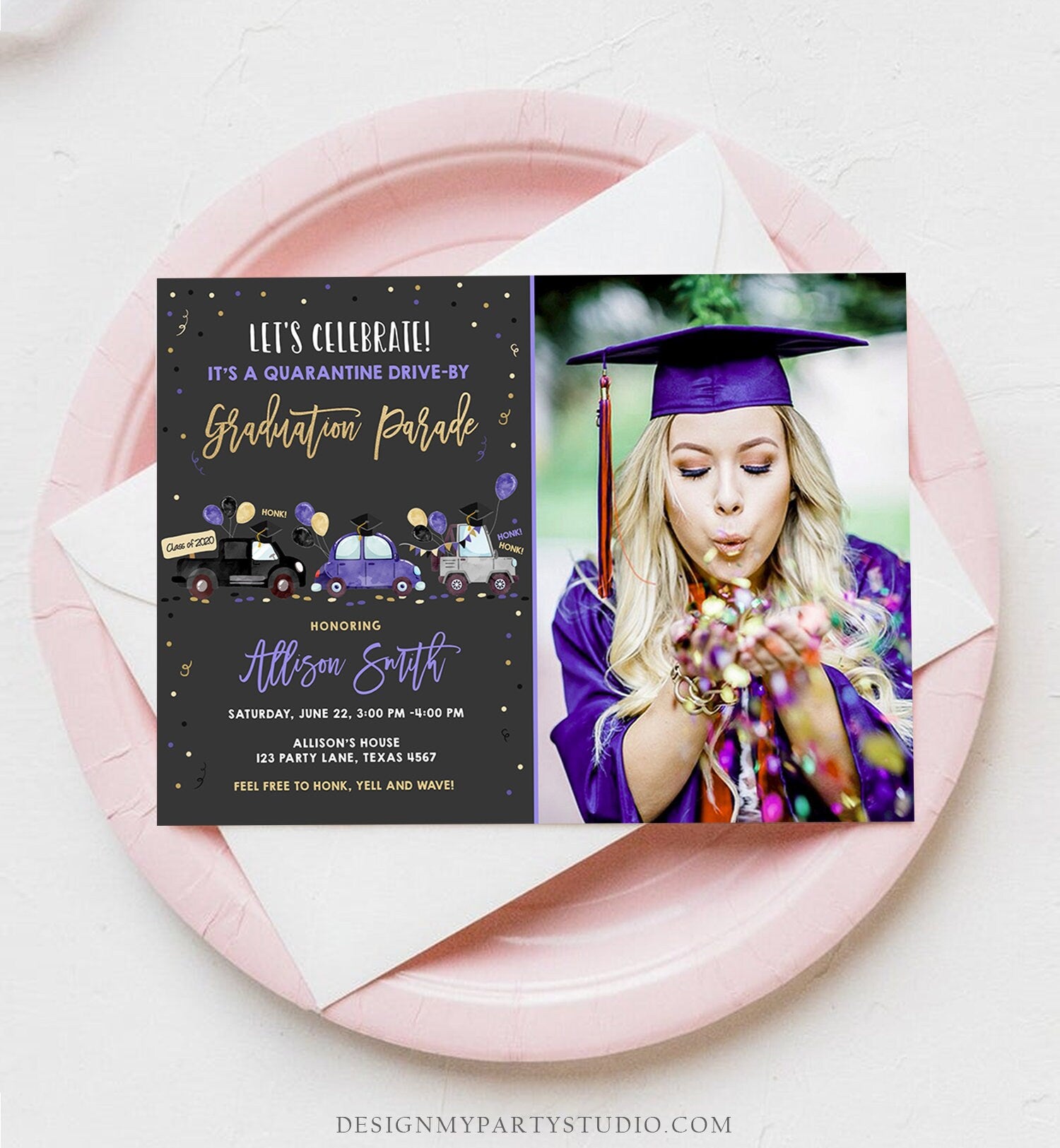 Editable Drive By Graduation Parade Invitation Virtual Party Blue Girl Graduate High School Grad Class 2021 Quarantine Digital Corjl 0337