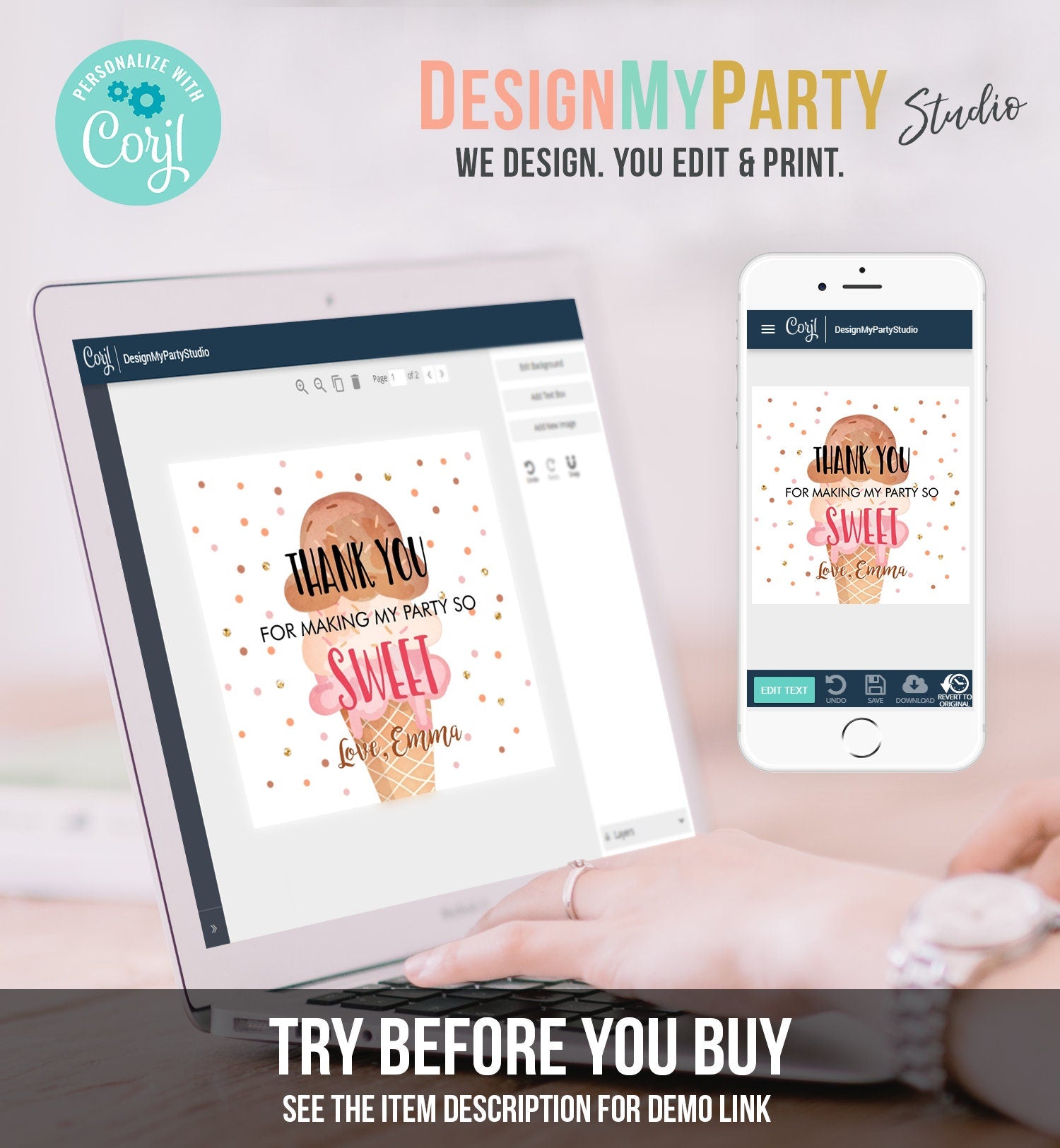 Editable Ice Cream Thank you Tags Round Ice Cream Stickers Ice Cream Birthday Girl Pink Boho Ice Cream Social Favor Tags Template Corjl 0243