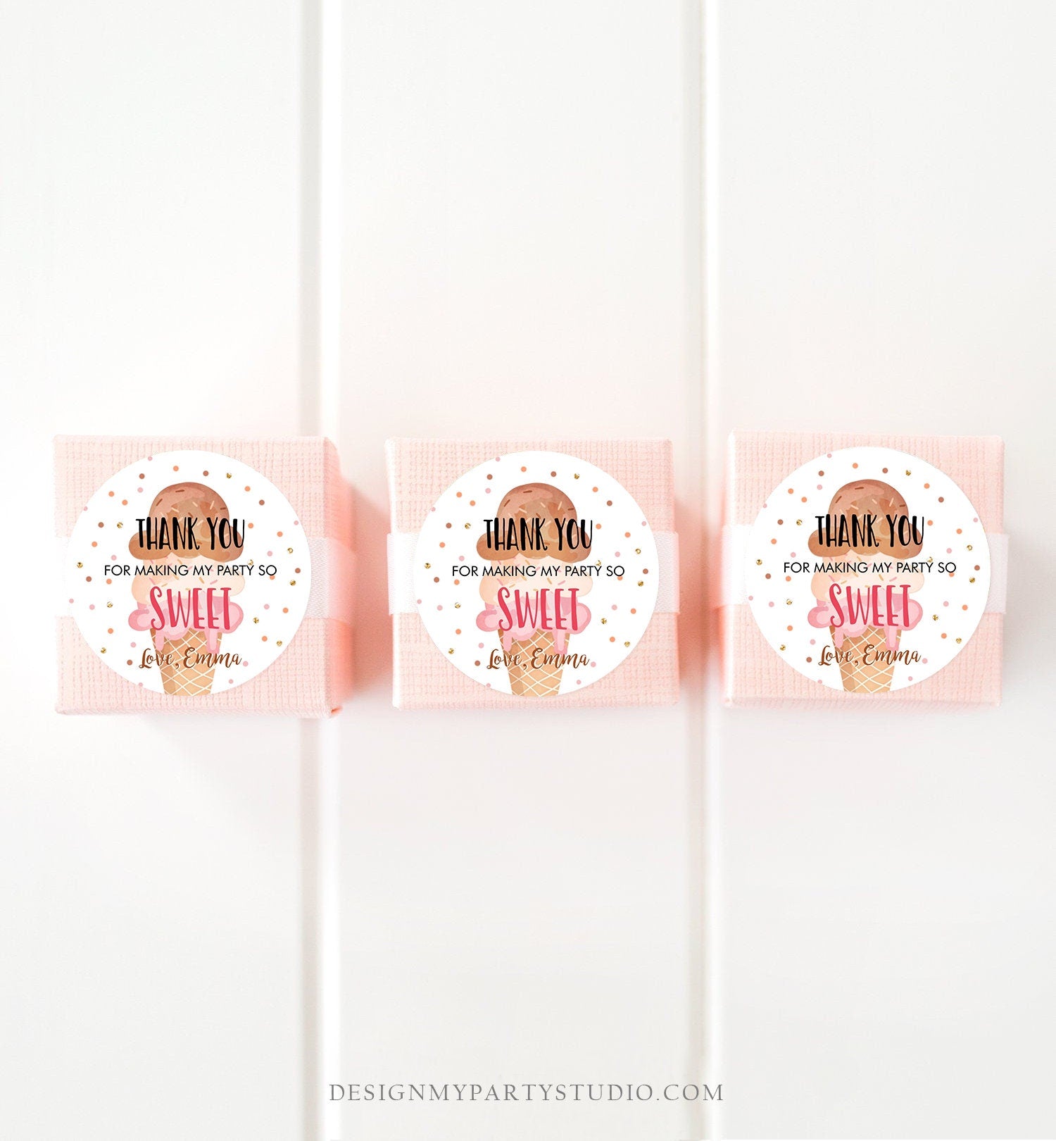 Editable Ice Cream Thank you Tags Round Ice Cream Stickers Ice Cream Birthday Girl Pink Boho Ice Cream Social Favor Tags Template Corjl 0243