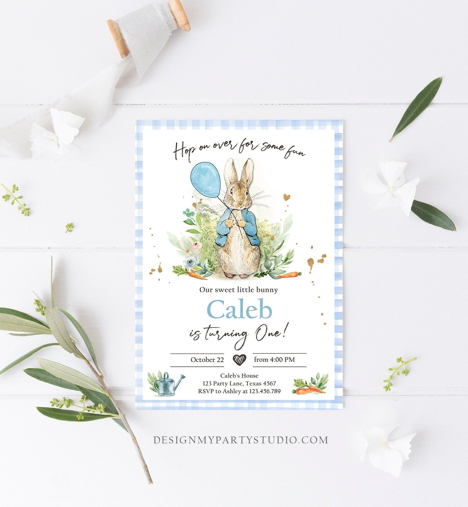 Editable Peter Rabbit Birthday Invitation Boy Blue Rustic Peter Rabbit First Birthday Hop On Over Watercolor Corjl Template Printable 0351
