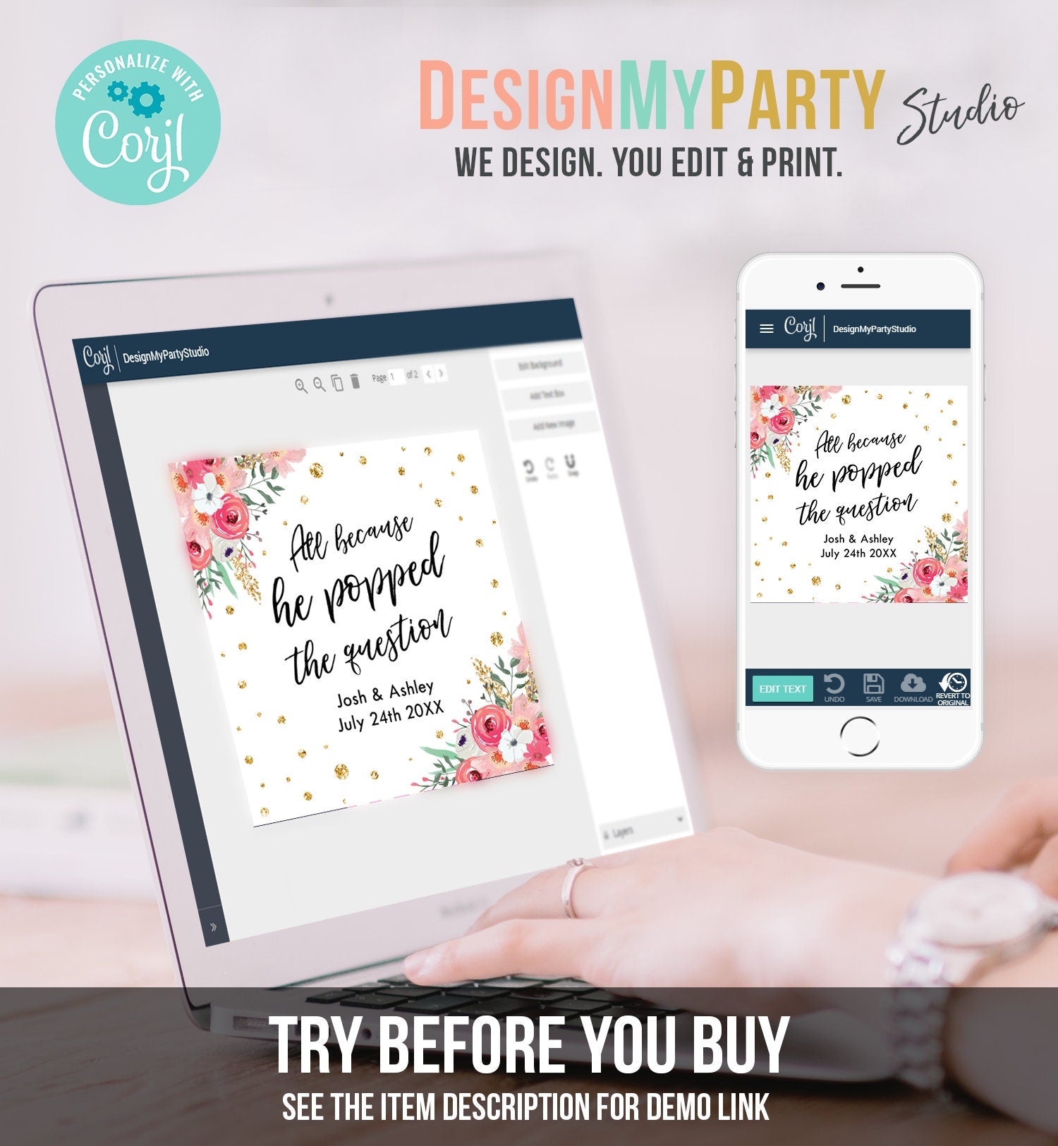 Editable Popped the Question Favor Tag Pink Floral All Because He Popped Bridal Shower Wedding Thank You Tags Gold Template Corjl 0030 0318
