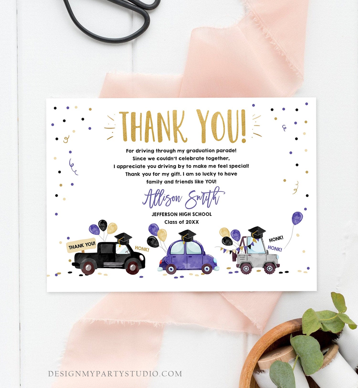 Editable Drive By Graduation Parade Thank You Card Drive Through Party Invite Honk Wave Car Purple Instant Download Digital Corjl 0337