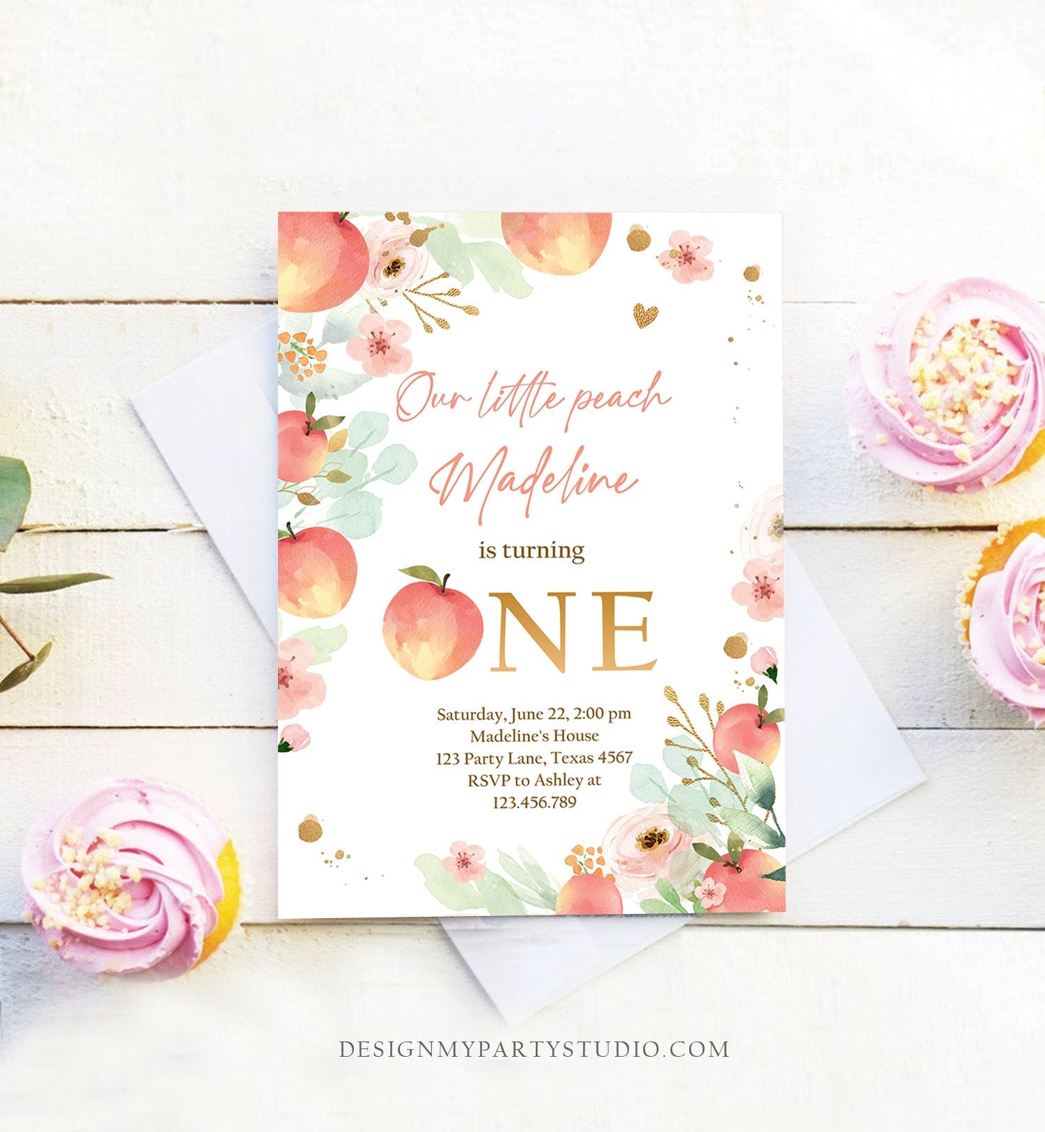 Editable Little Peach Birthday Invitation First Birthday Floral Gold Girl Peach 1st Peaches Download Printable Template Corjl Digital 0401