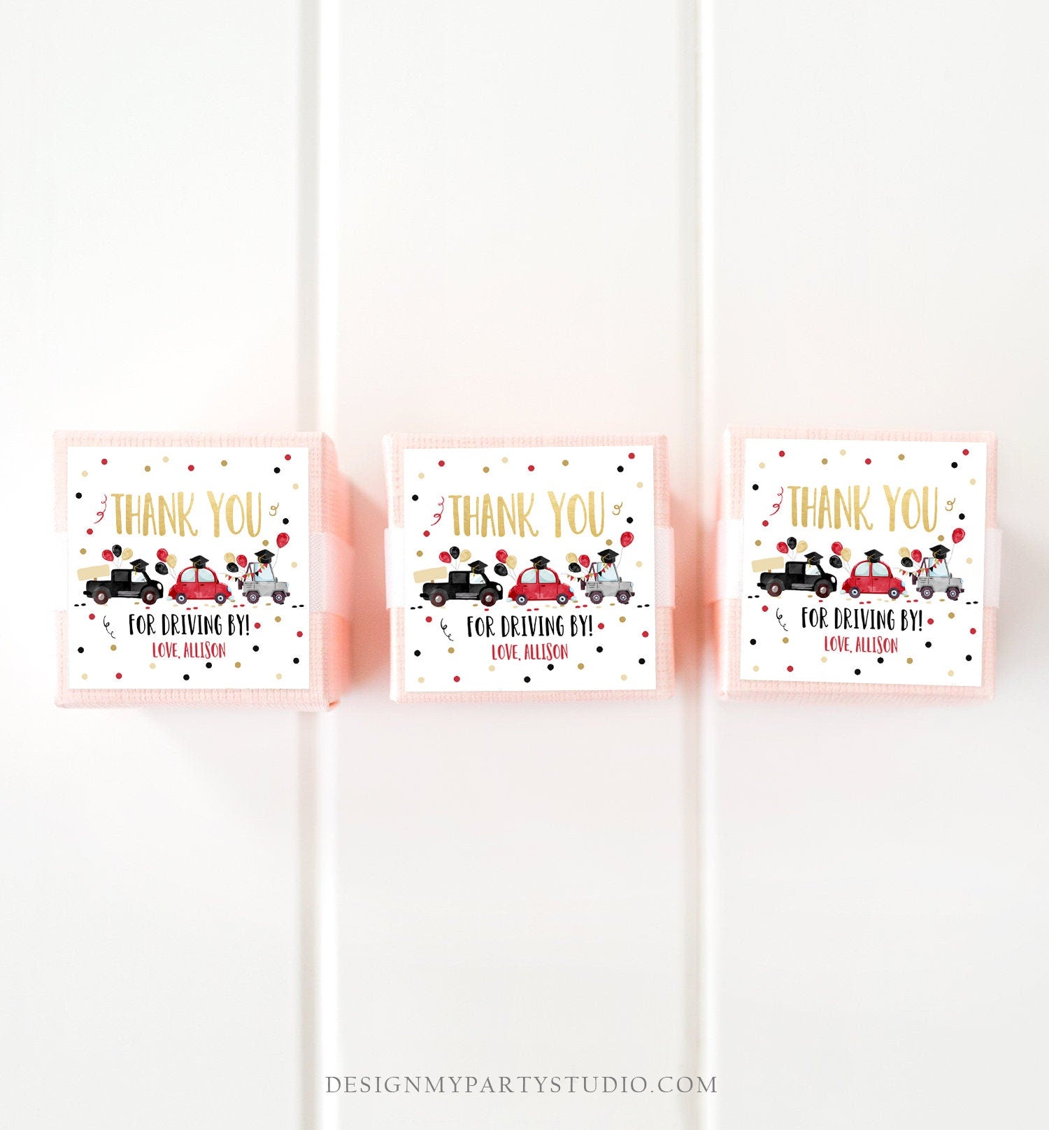 Editable Drive By Favor Tag Drive Through Graduation Parade Thank You Gift Tags Quarantine Blush Red High School Grad Graduate Corjl 0337