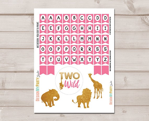 Two Wild Cake Topper First Birthday Safari Animals Name Banner Girl Pink Gold Jungle Birthday Zoo party decor PRINTABLE Digital 0016