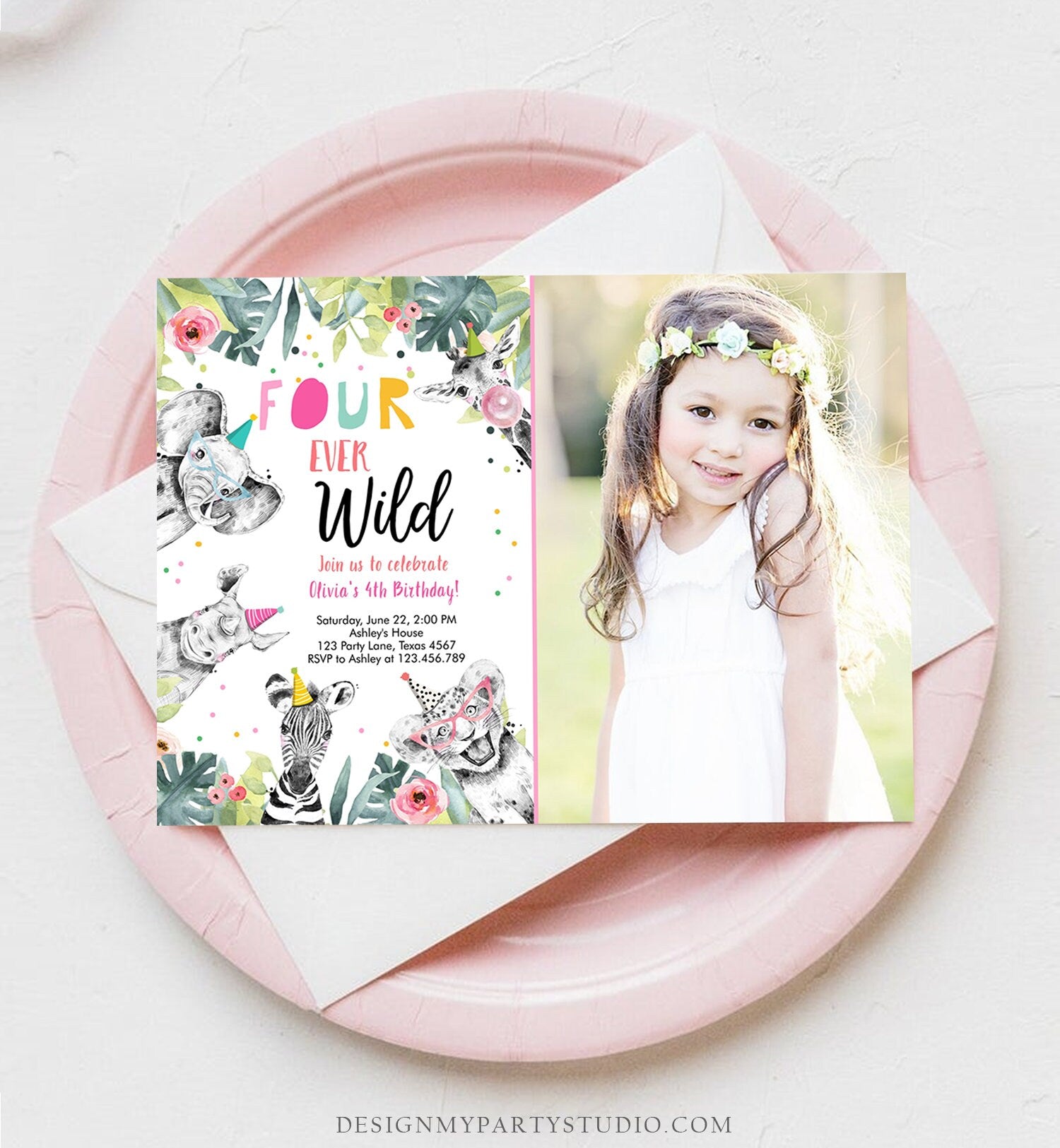 Editable Four Ever Wild Invitation Girl Pink and Gold Safari Animals Zoo Instant 4th Fourever Download Printable Template Digital Corjl 0322