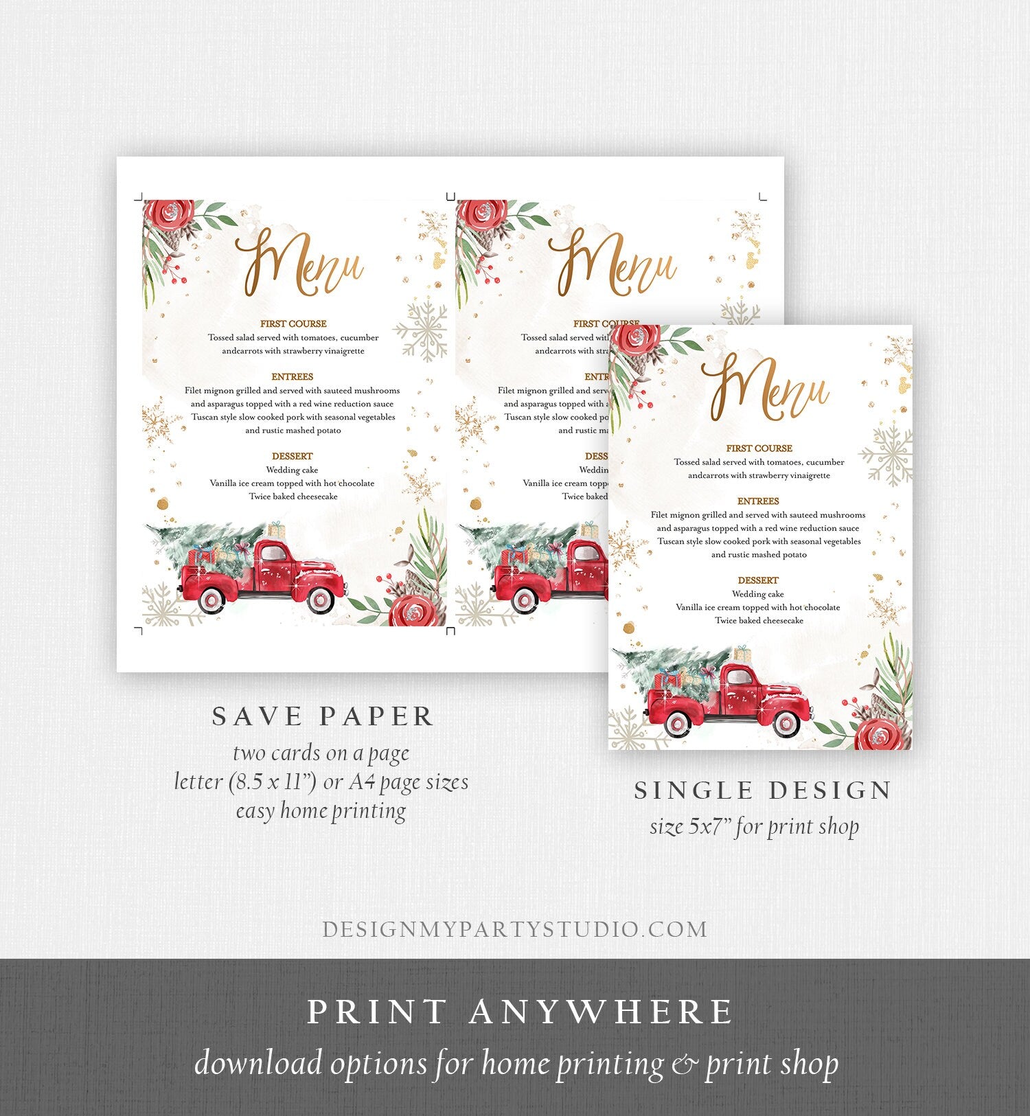 Editable Winter Red Truck Menu Card Shower Birthday Party Menu Gold Snowflakes Christmas Tree Oh What Fun Corjl Template Printable 0356