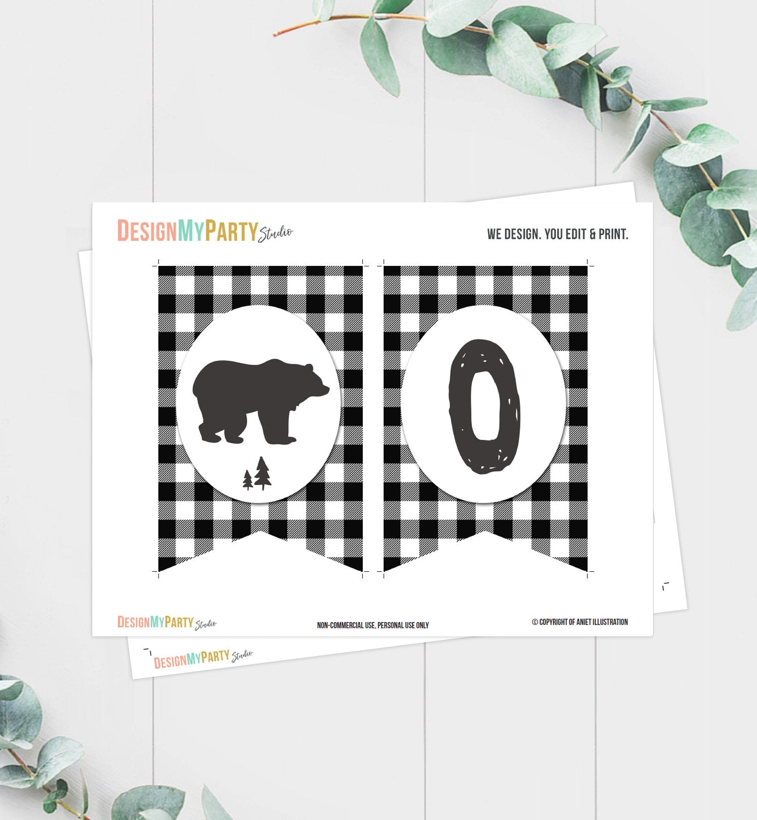 Lumberjack HighChair Banner Birthday Lumberjack Party High Chair Banner ONE Black White Plaid Bear Woodland party decor PRINTABLE 0026