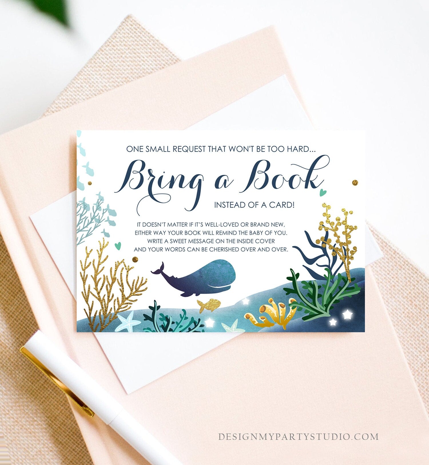 Editable Whale Bring a Book Card Baby Shower Books for Baby Nautical Ocean Watercolor It's a Boy Blue Whale Corjl Template Printable 0118