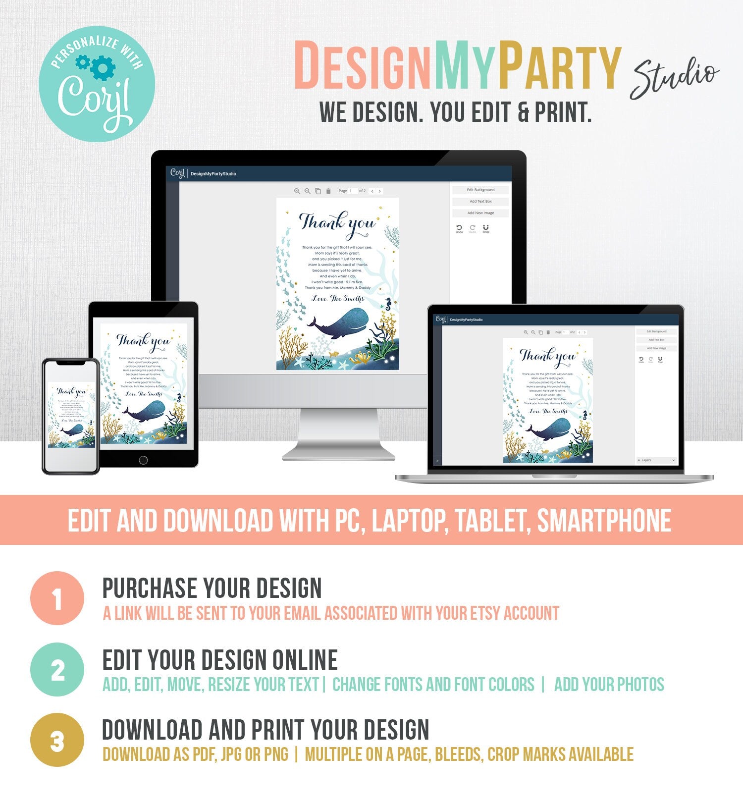 Editable Whale Baby Shower Thank You Card Note Nautical Blue Whale Boy Ocean Under the Sea Coral Template Instant Download Corjl 0118