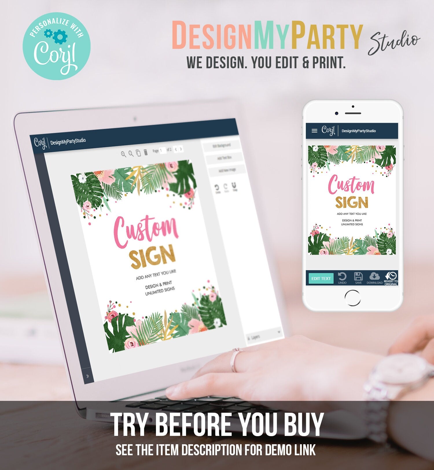 Editable Safari Custom Sign Tropical Birthday Baby Shower Table Sign Decor Leaves Pink Gold Girl Download Corjl Template 8x10 Printable 0332