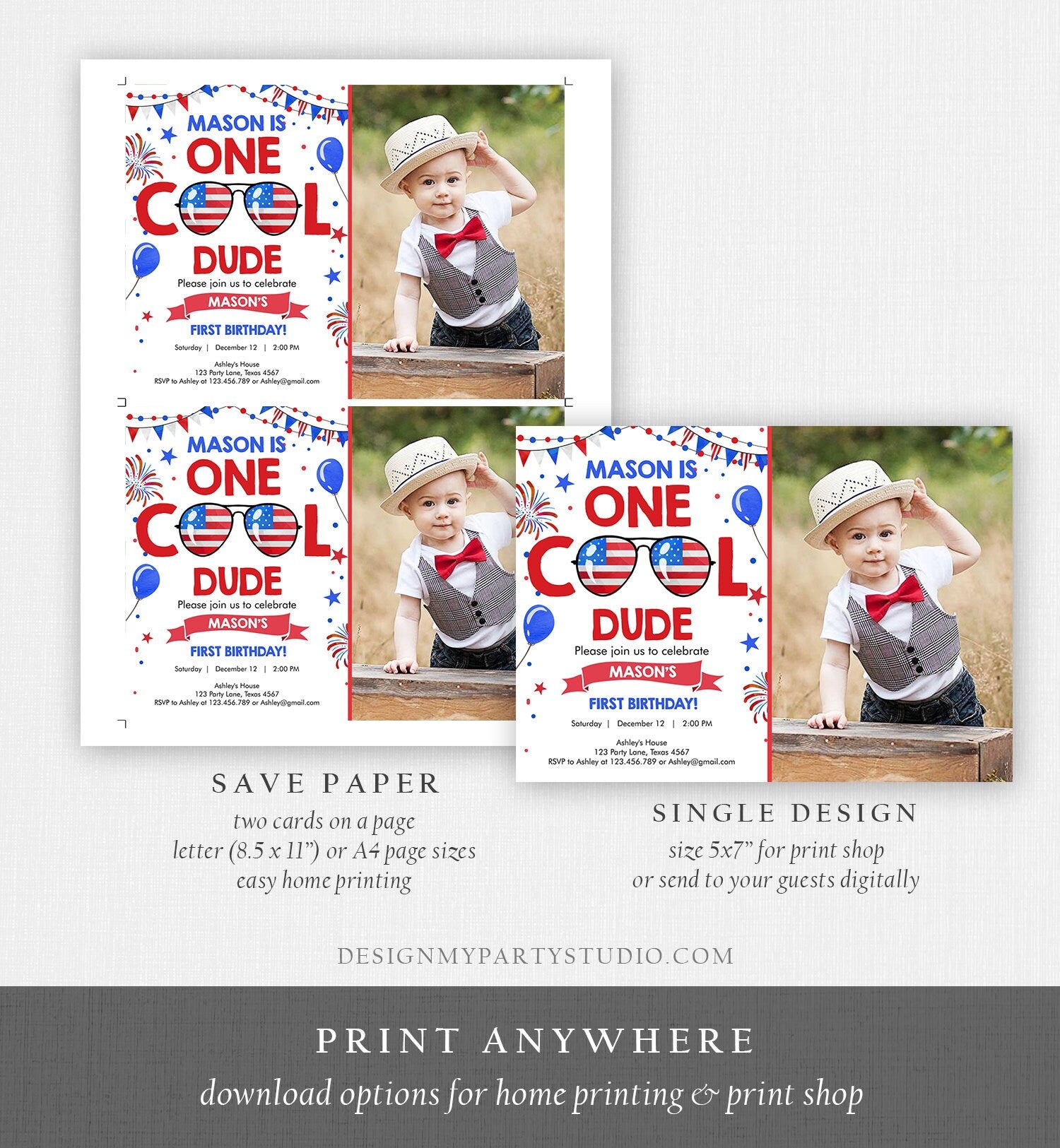 Editable Memorial Day Birthday Invitation 4th of July Little Firecracker Red White Blue One Cool Dude Sunglasses Template Corjl Digital 0122