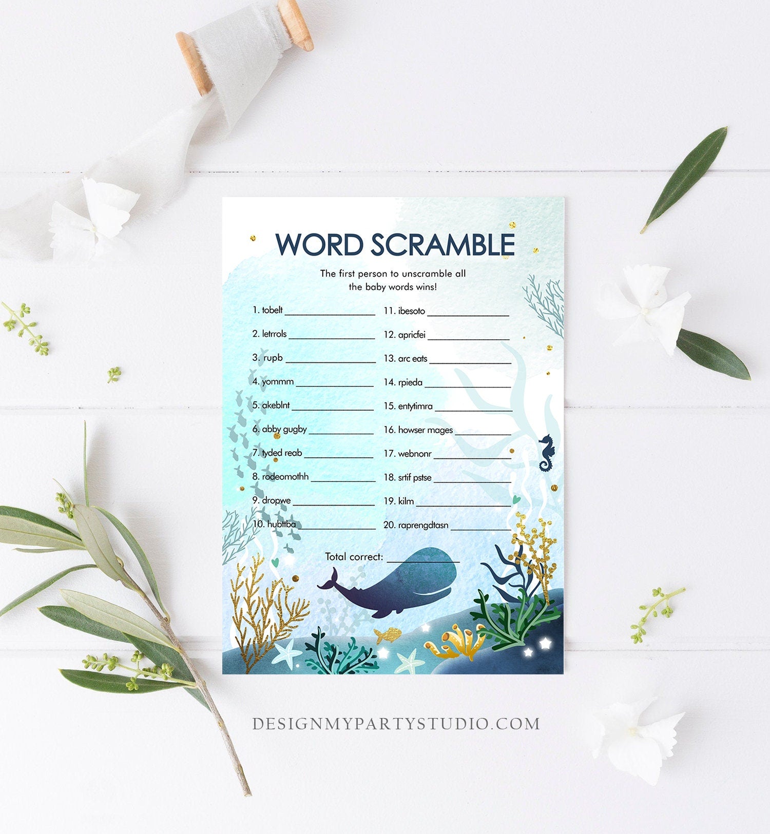 Editable Word Scramble Game Whale Nautical Baby Shower Search Game Ocean Coral Under the Sea Boy Blue Games Corjl Template Printable 0118