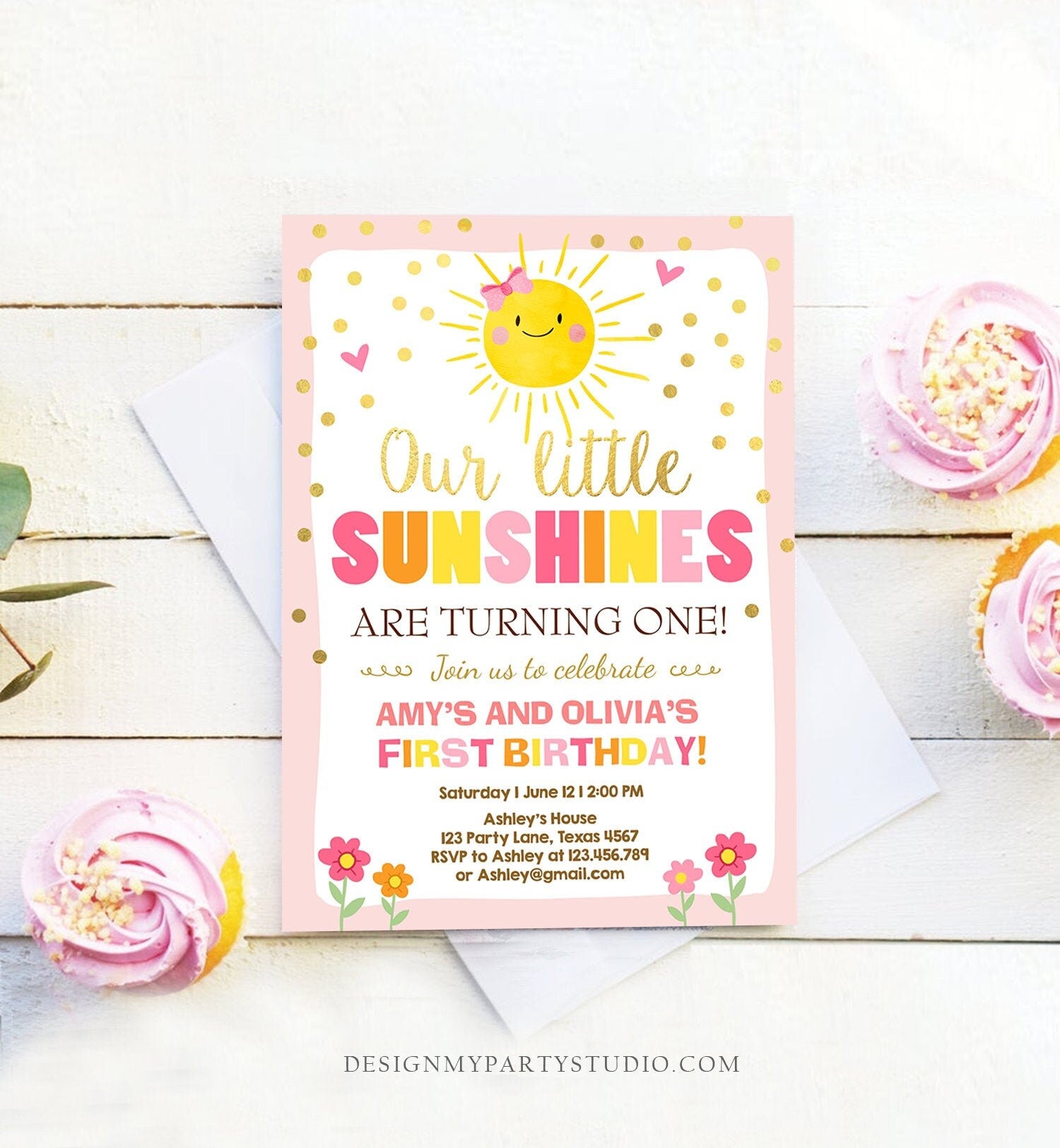 Editable Birthday Invitation Twins Little Sunshines Girls Siblings Pink Gold Girl Summer Download Printable Invitation Template Corjl 0070