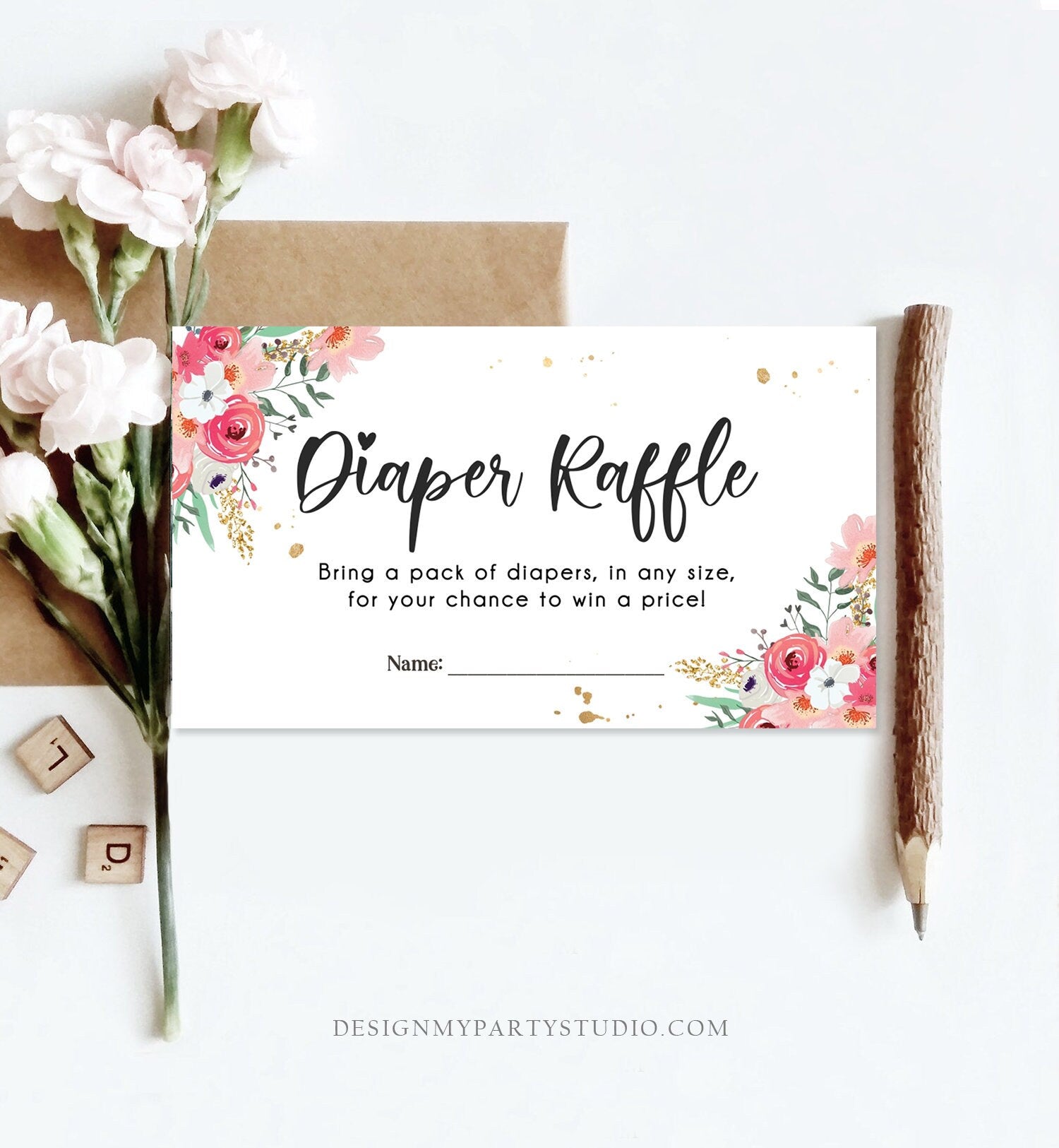Editable Floral Diaper Raffle Ticket Baby Shower Pink Flowers Girl Pink Gold Diaper Game Book Insert Ticket Digital Corjl Template 0335