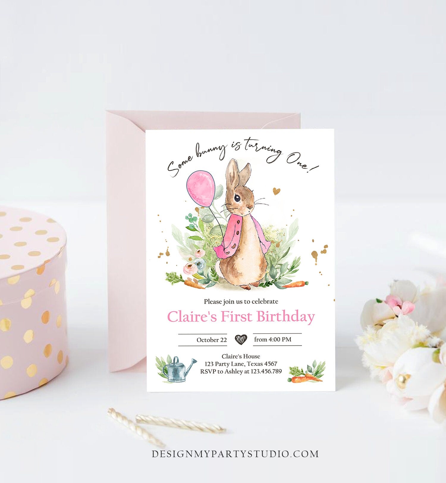 Editable Flopsy Bunny Birthday Invitation Gril Pink Rustic Peter Rabbit 1st Birthday Invite Watercolor Digital Corjl Template Printable 0351