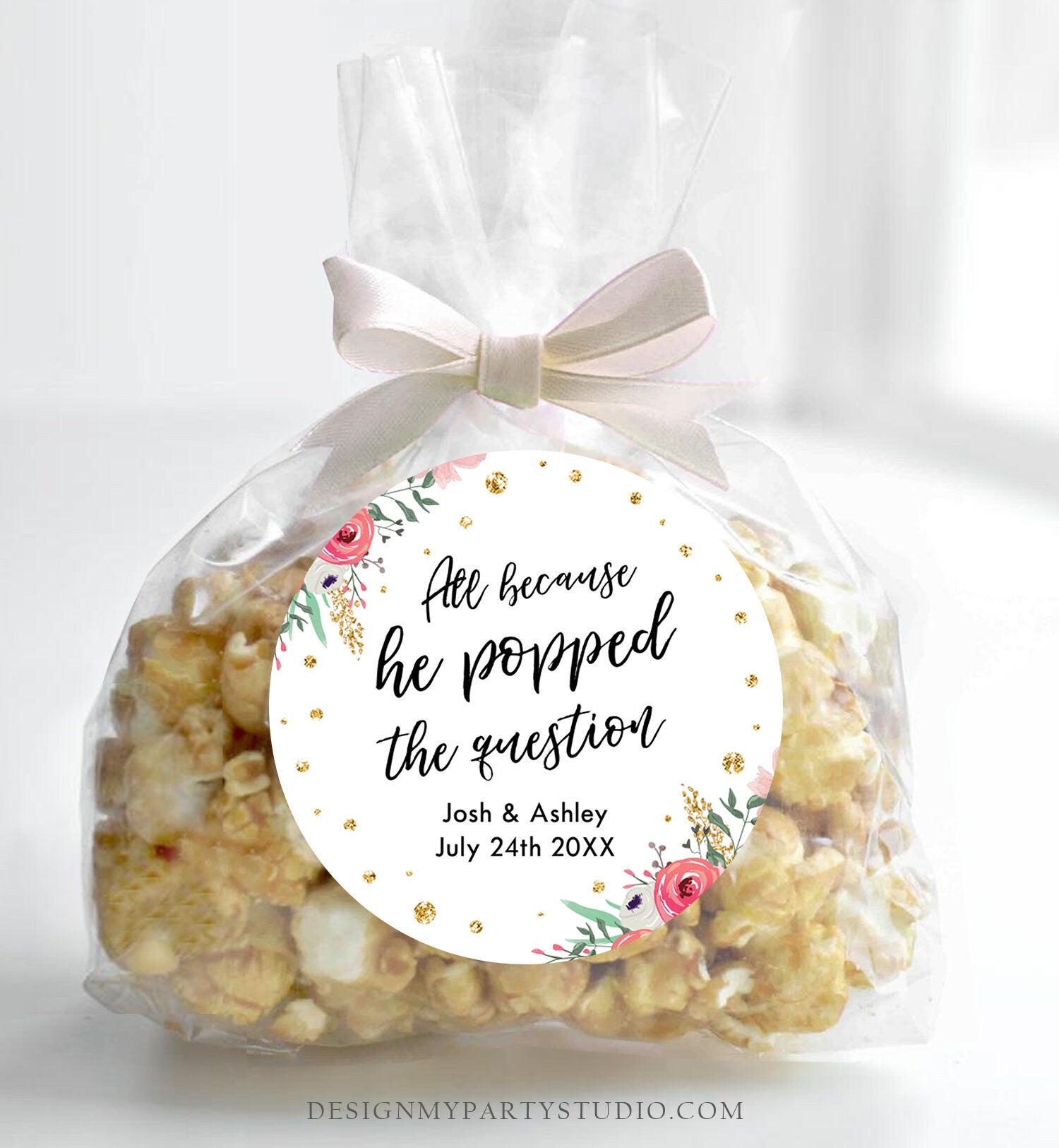 Editable Popped the Question Favor Tag Pink Floral All Because He Popped Bridal Shower Wedding Thank You Tags Gold Template Corjl 0030 0318
