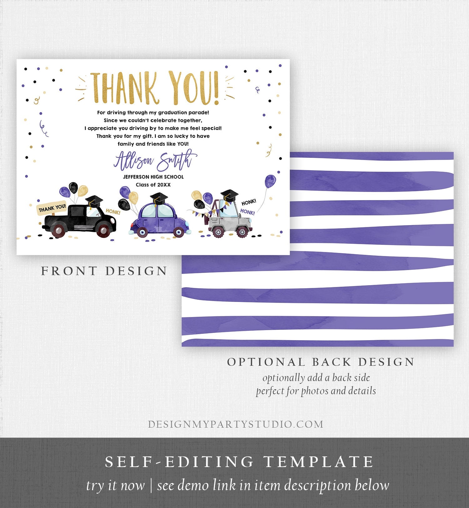 Editable Drive By Graduation Parade Thank You Card Drive Through Party Invite Honk Wave Car Purple Instant Download Digital Corjl 0337