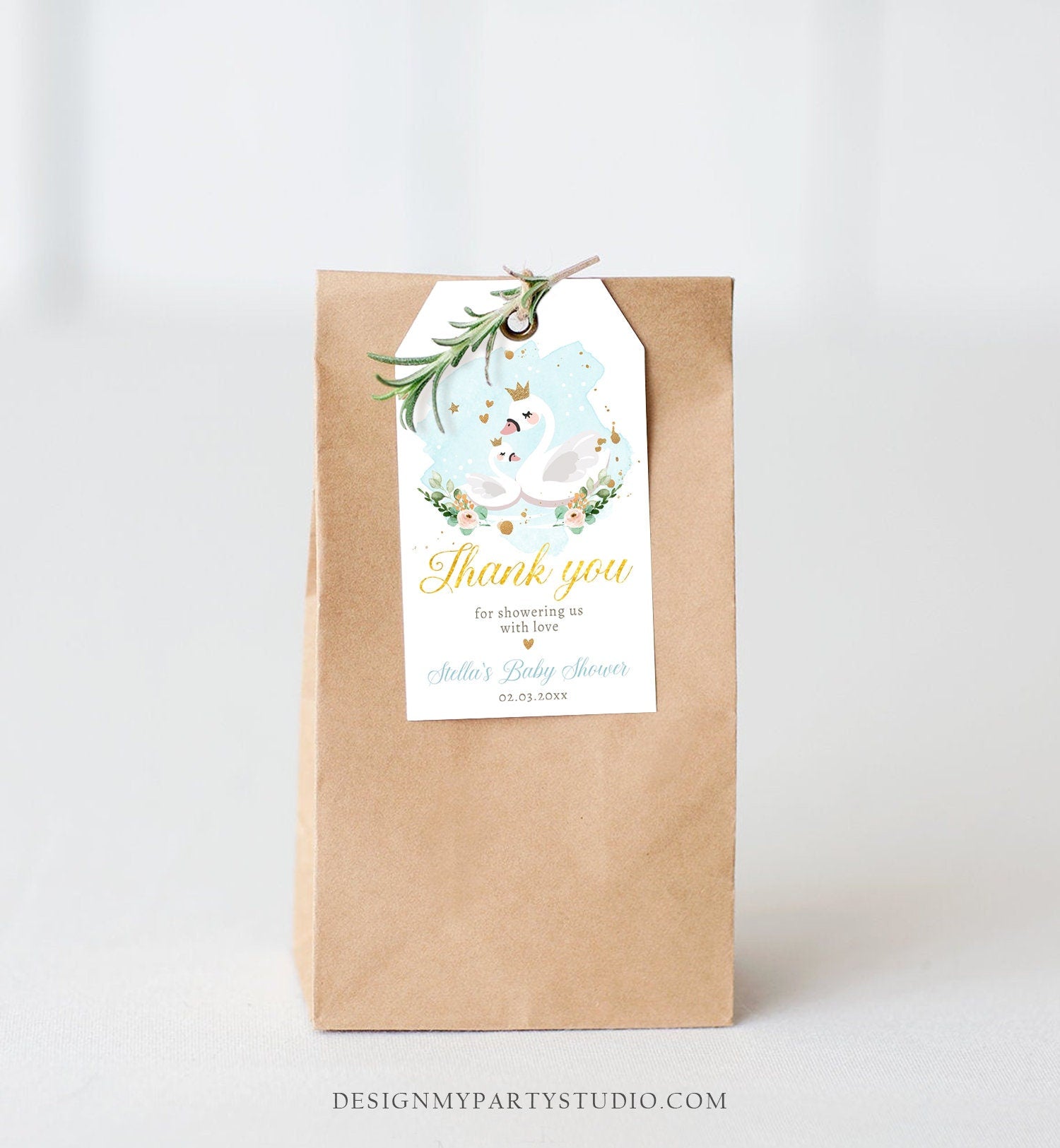 Editable Floral Swan Baby Shower Favor Tags Thank You Tags Swans Boy Blue Gold Swan Baby Boy Gift Tag Decor Digital Corjl Template 0382