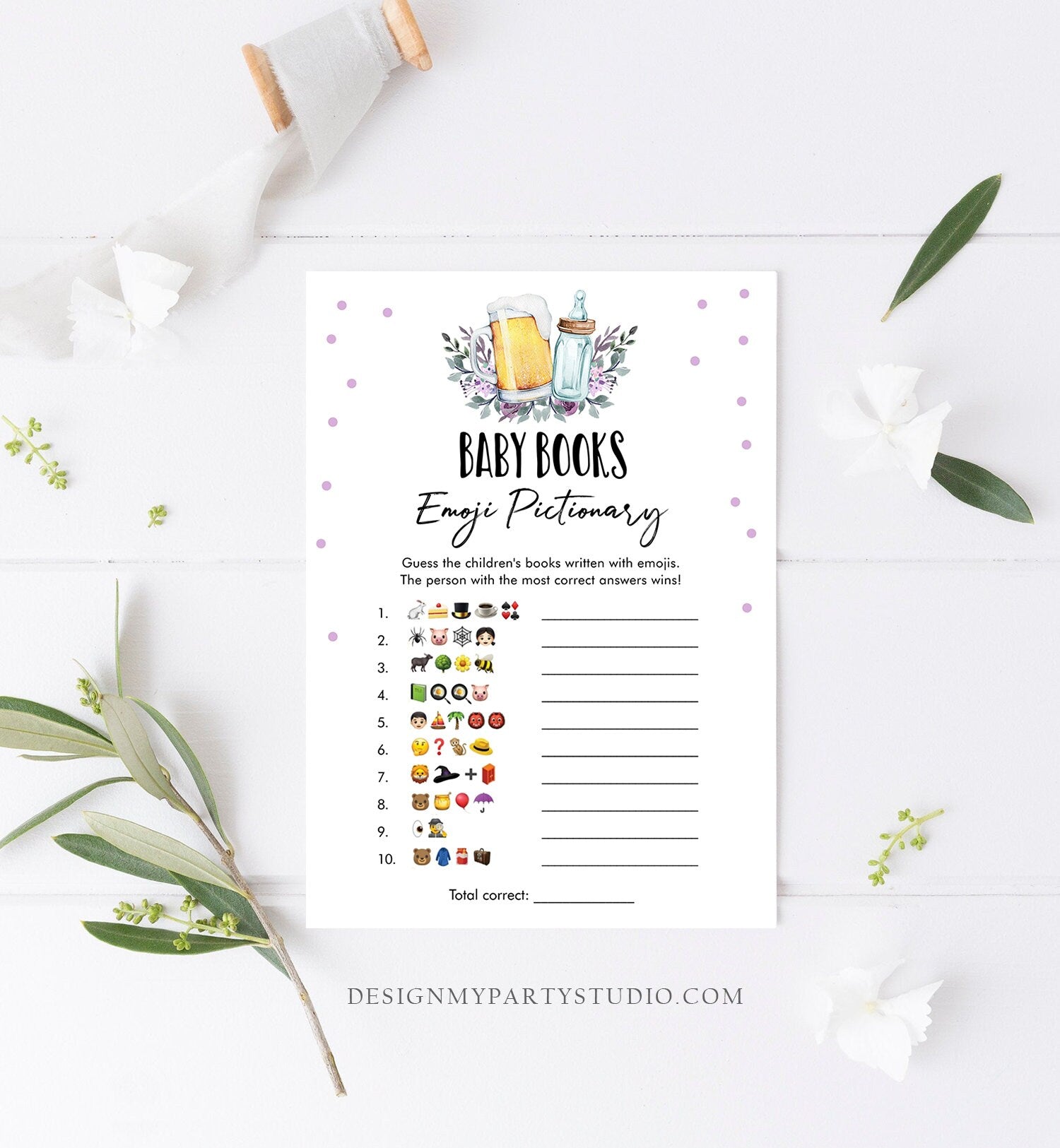 Editable Emoji Pictionary Baby Shower Game Baby Books Greenery Baby is Brewing Purple Activity Beer Bottle Corjl Template Printable 0190