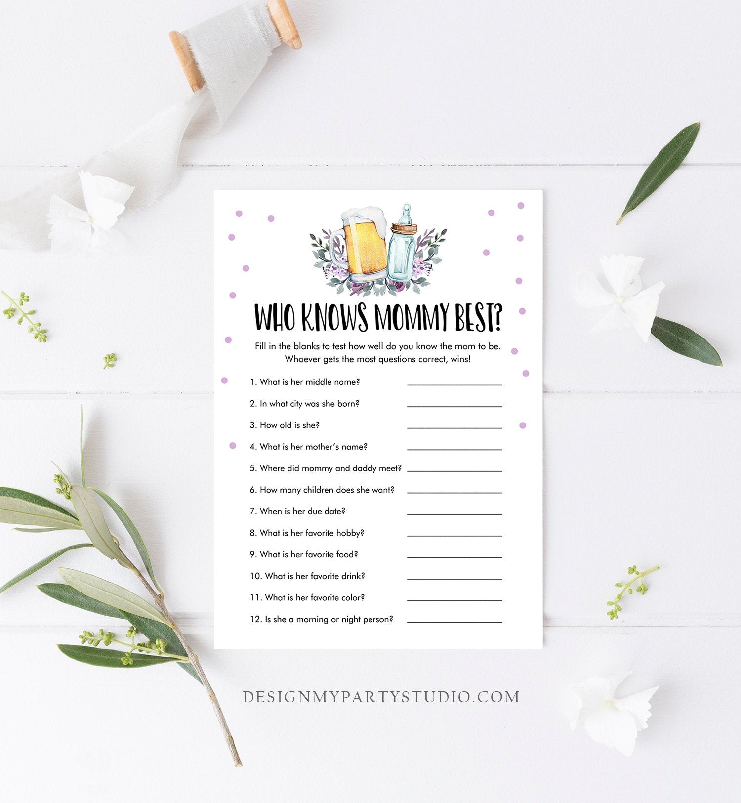 Editable Who Knows Mommy Best Baby Shower Game Greenery Baby is Brewing Shower Activity Purple Beer Bottle Corjl Template Printable 0190