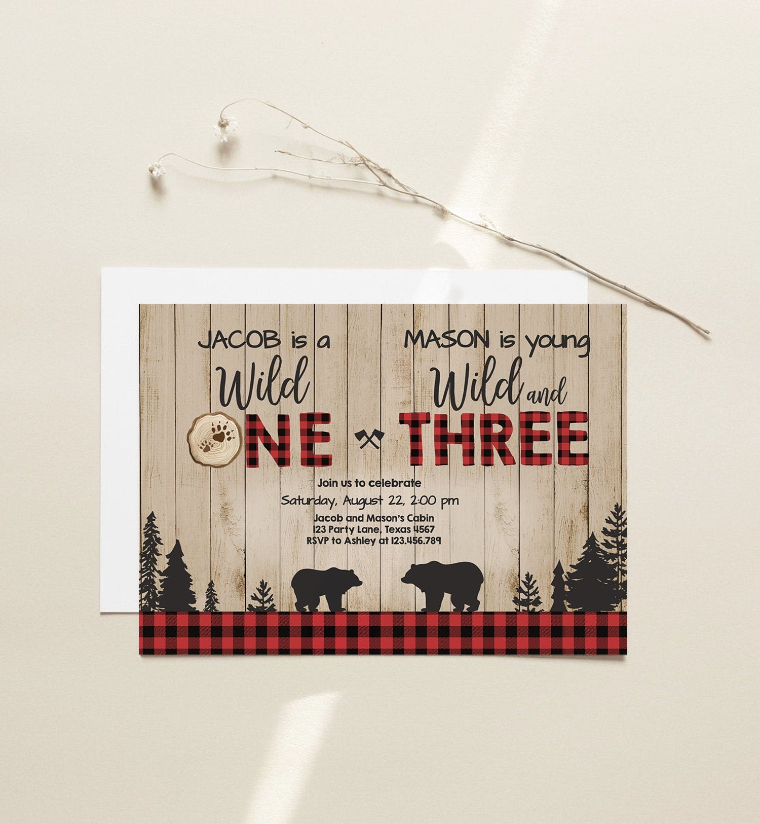 Editable Wild One Birthday Invitation Wild and Three Boys Brothers Birthday Lumberjack Bear Buffalo Download Printable Corjl Template 0191