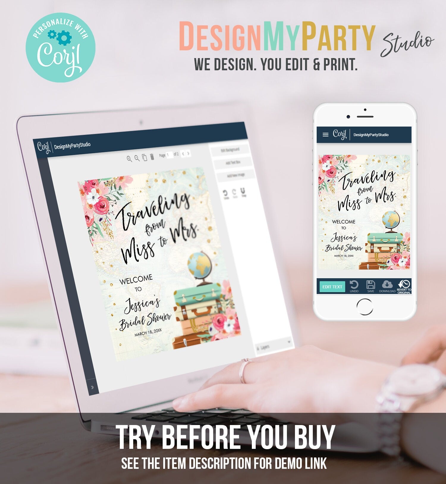 Editable Miss to Mrs Welcome Sign Bridal Shower Traveling From Miss to Mrs Adventure Love is a Journey Floral Pink Corjl Template 0030