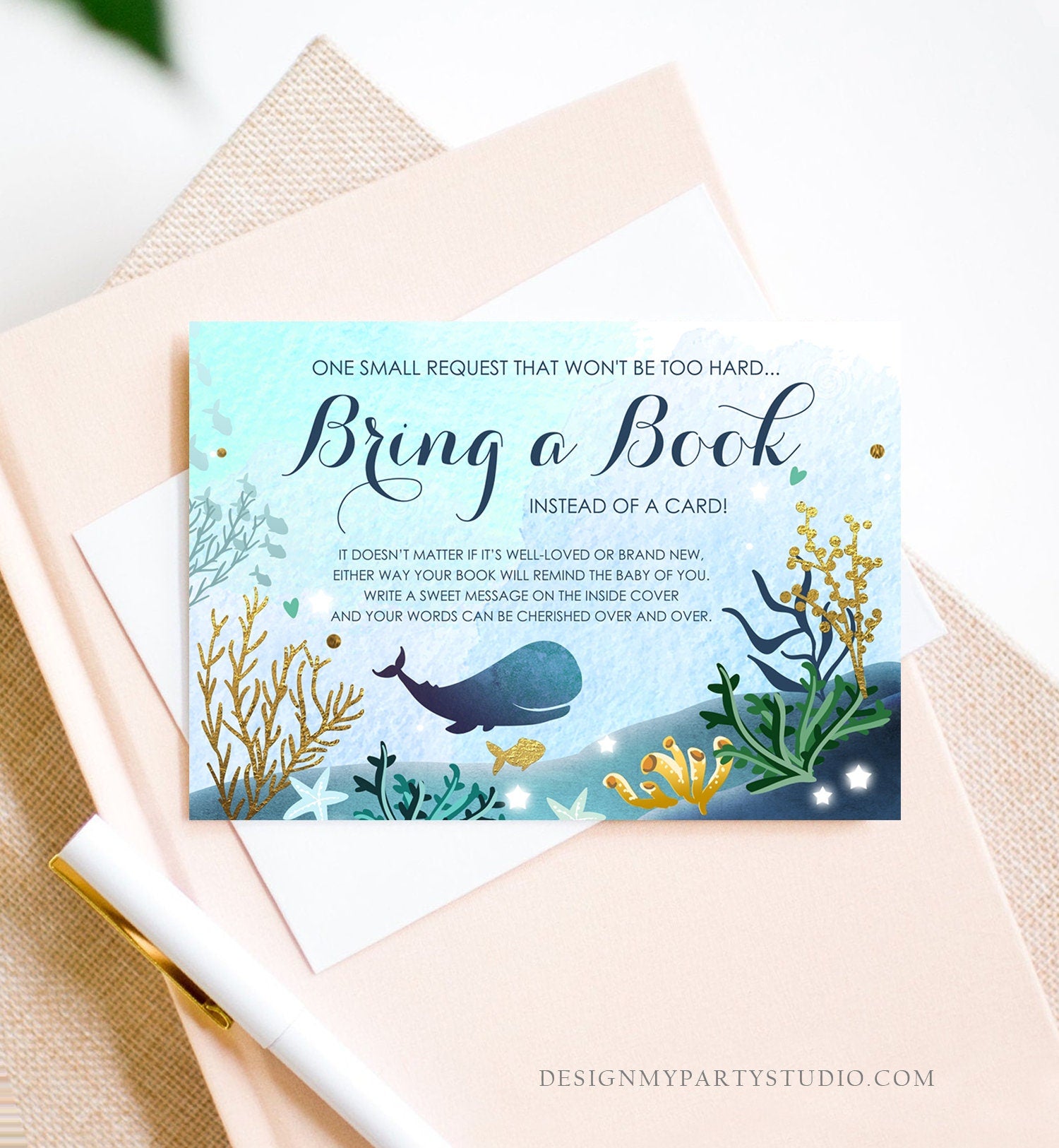 Editable Whale Bring a Book Card Baby Shower Books for Baby Nautical Ocean Watercolor It's a Boy Blue Whale Corjl Template Printable 0118