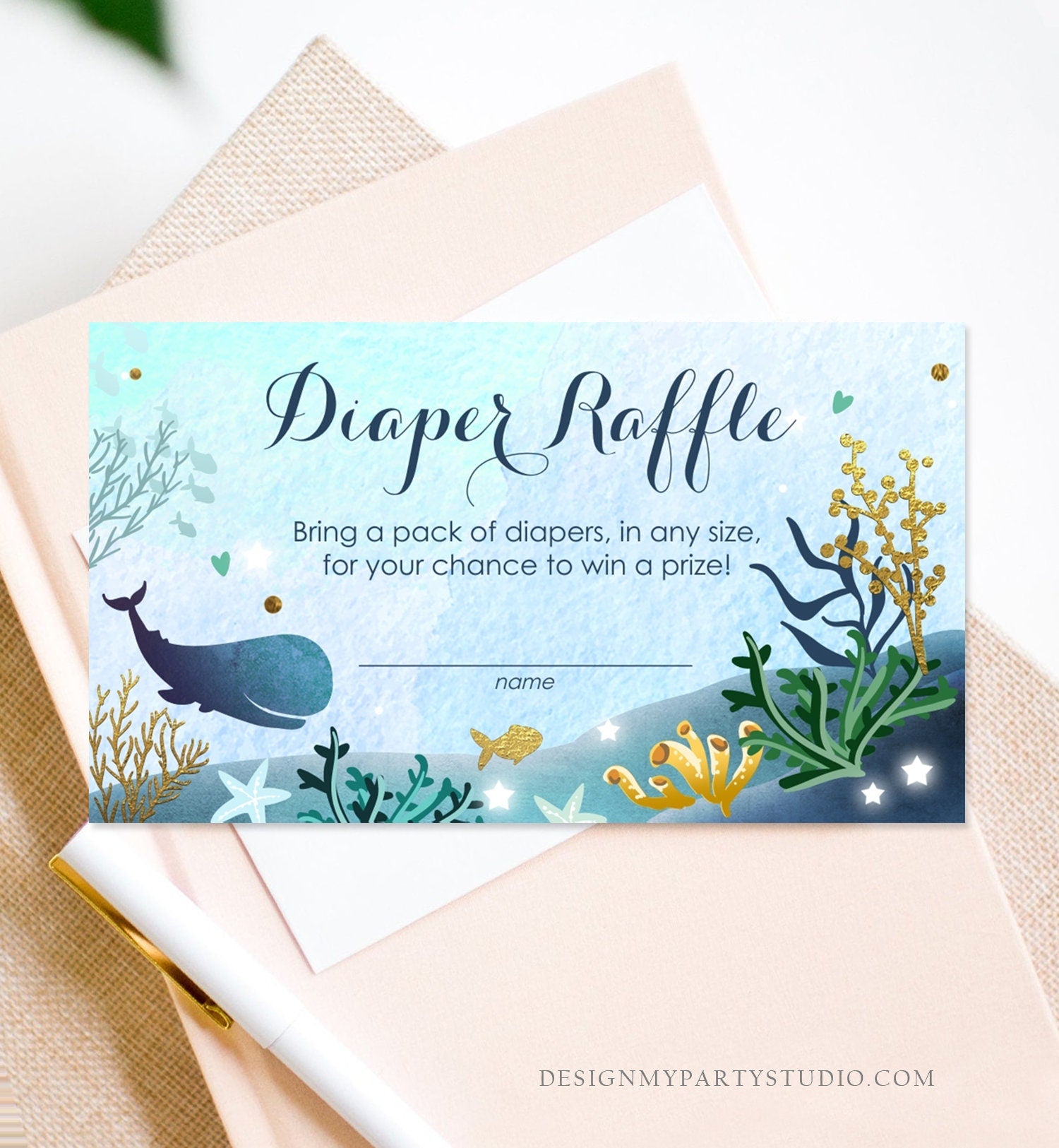 Editable Whale Baby Shower Diaper Raffle Card Nautical Ocean Under the Sea Boy Blue Whale Coral Ticket Corjl Template Printable 0118