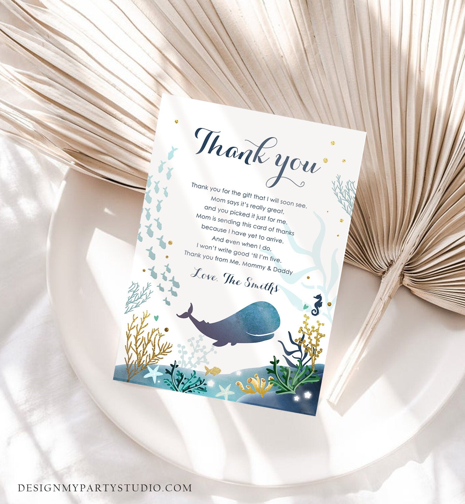 Editable Whale Baby Shower Thank You Card Note Nautical Blue Whale Boy Ocean Under the Sea Coral Template Instant Download Corjl 0118