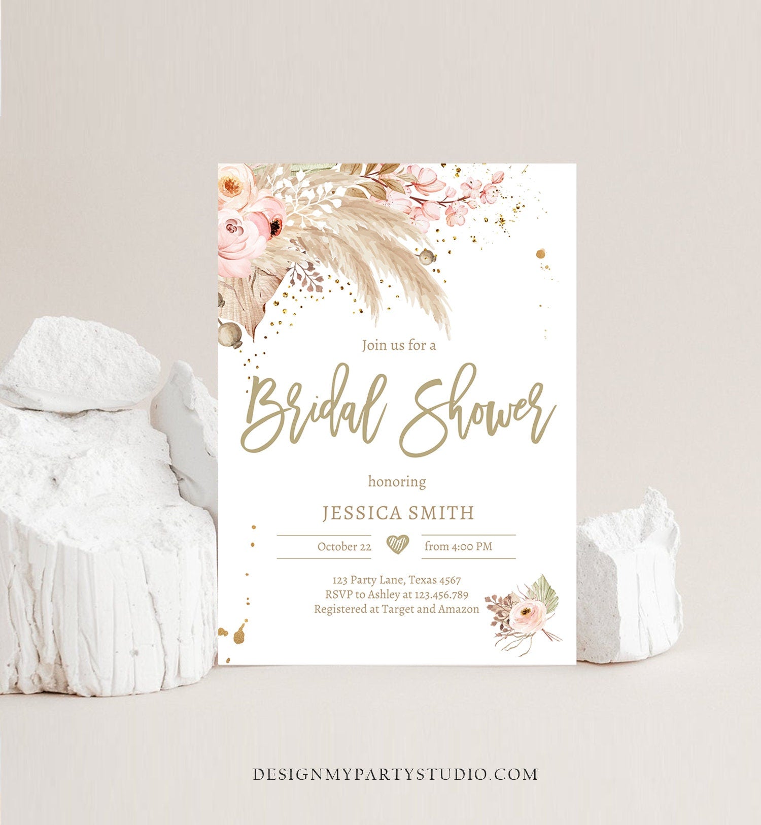 Editable Pampas Grass Bridal Shower Invitation Desert Boho Bridal Shower Tropical Bohemian Dried Palm Leaf Printable Template Corjl 0395