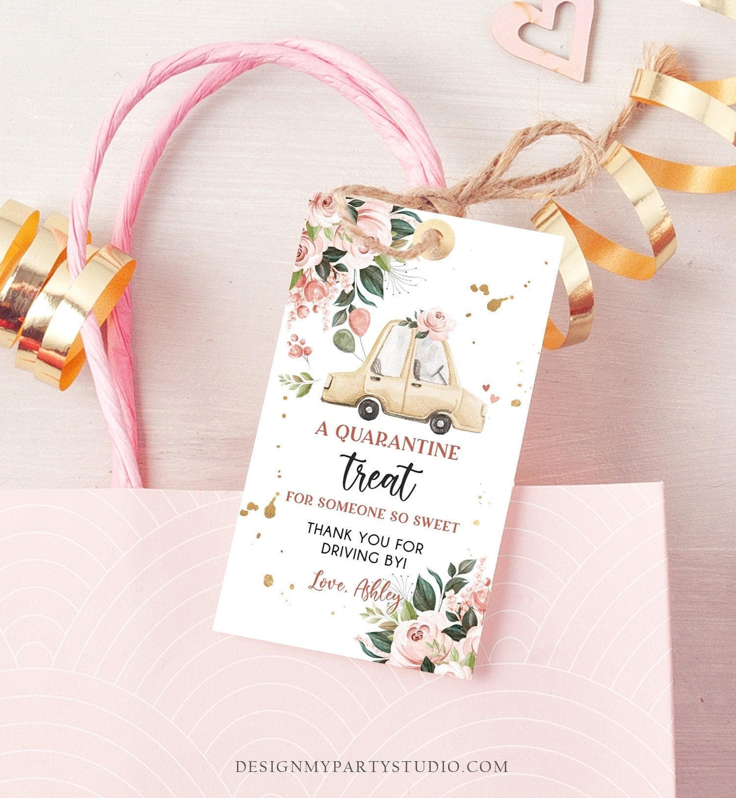 Editable Drive By Favor Tag Drive Through Baby Shower Bridal Shower Birthday Thank You Gift Tags Quarantine Neutral Floral Girl Corjl 0335