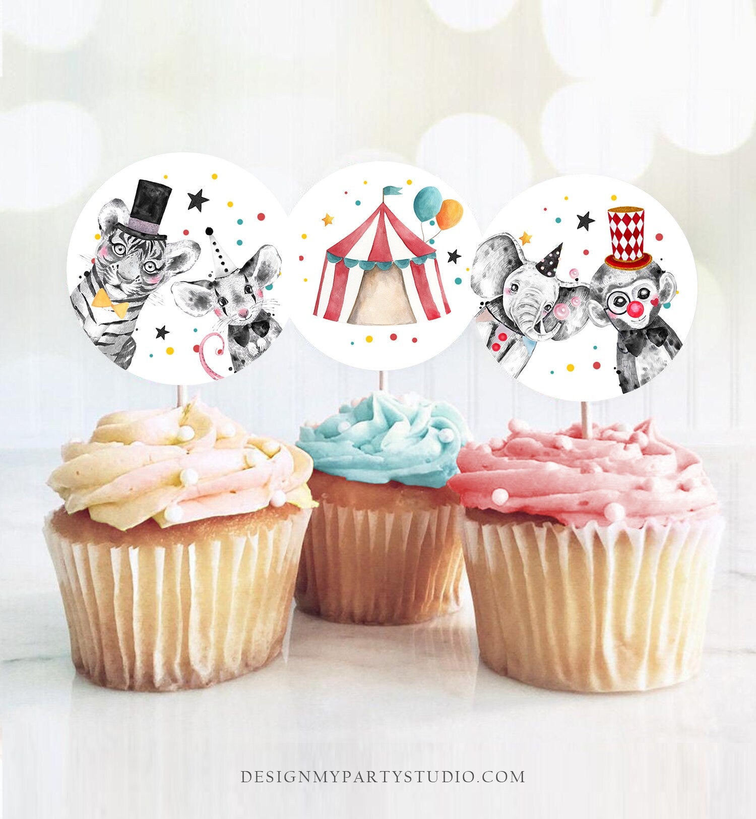 Circus Cupcake Toppers Favor Tags Circus Birthday Party Decor Carnival Circus Animals Big Top Carousel Download Digital PRINTABLE 0355