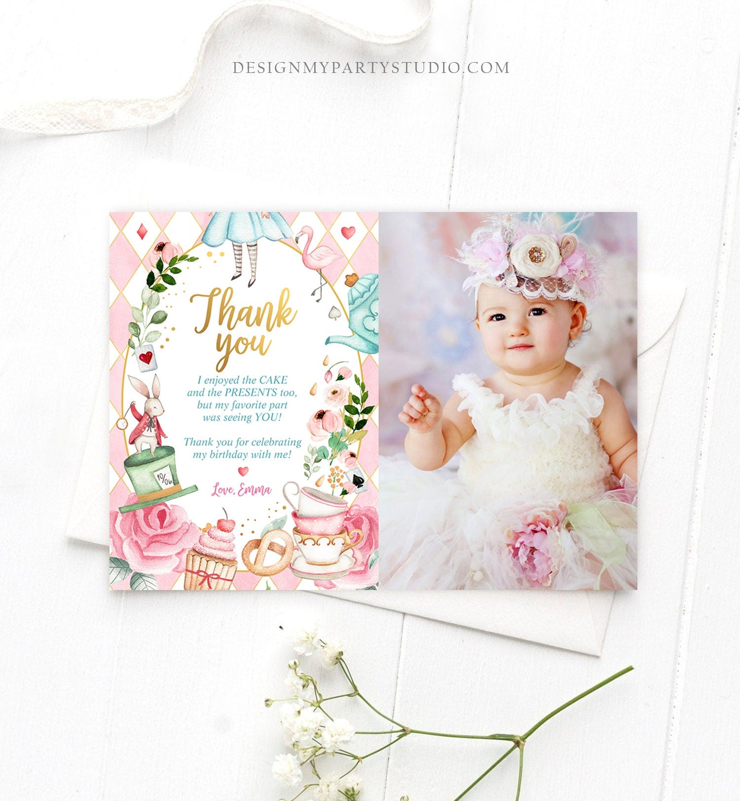 Editable Alice In Wonderland Thank You Card Girl First Birthday 1st Onederland Tea Party Thank You Printable Template Corjl Digital 0350