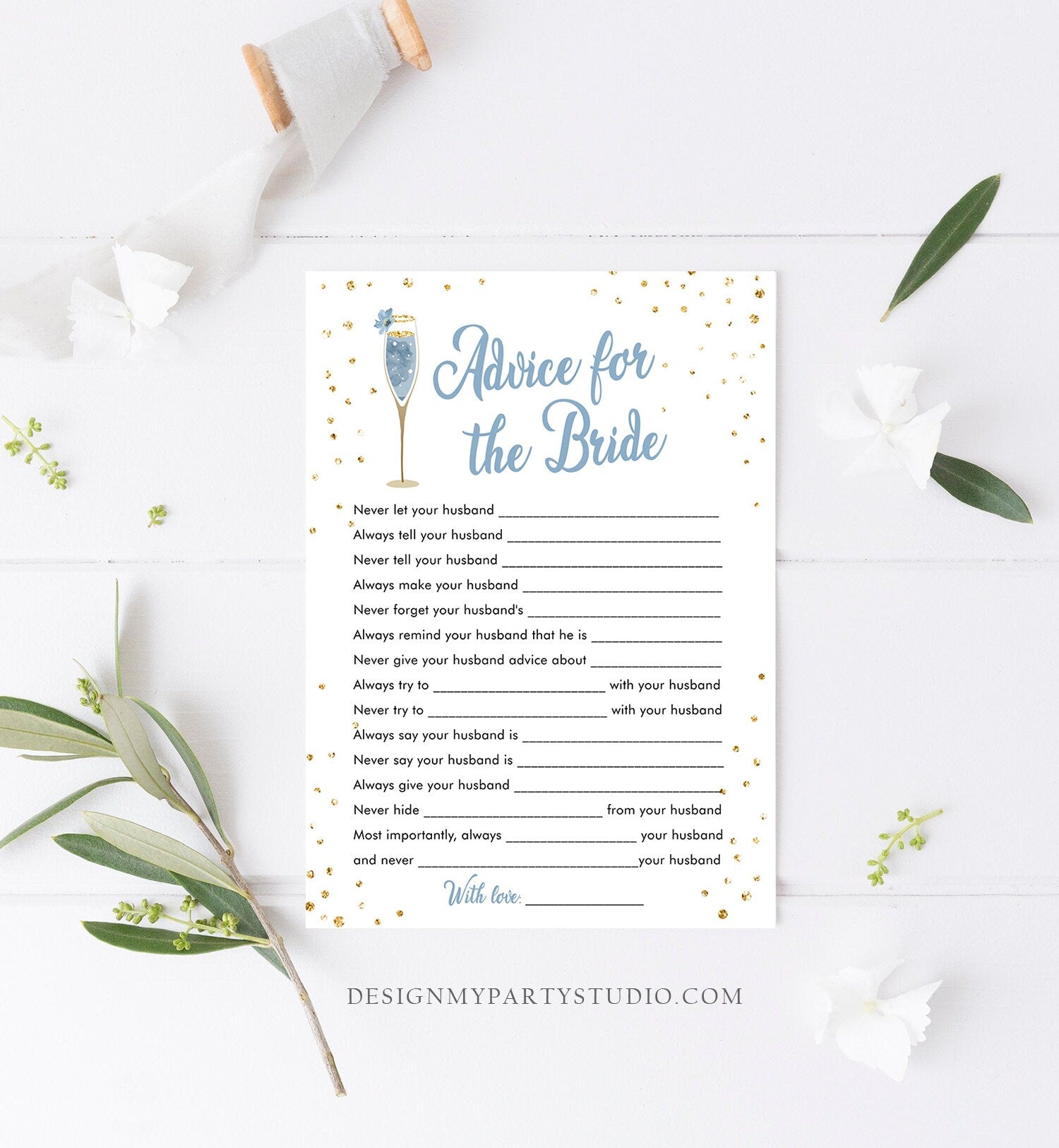 Editable Advice for the Bride to Be Brunch and Bubbly Bridal Shower Game Words of Wisdom Champagne Blue Floral Corjl Template Printable 0150