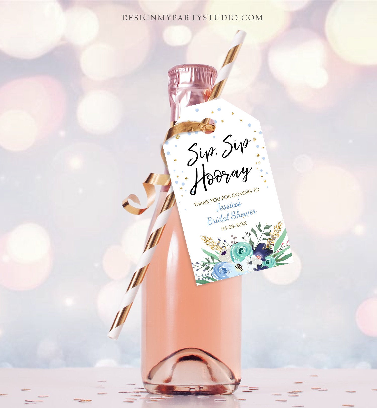 Editable Sip Sip Hooray Bridal Shower Thank You Tags Mini Wine Champagne Bottle Favor Wedding Blue Floral Gold Confetti Corjl Template 0059