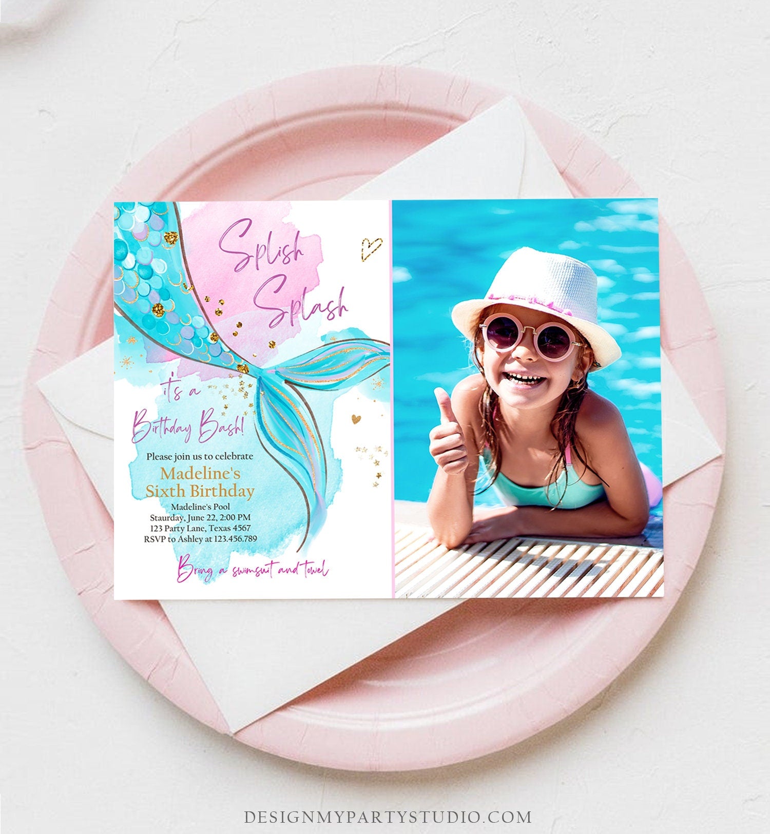 Editable Mermaid Birthday Party Invitation Girl Pink Aqua Blue Gold Mermaid Birthday Under The Sea Download Printable Template Corjl 0403