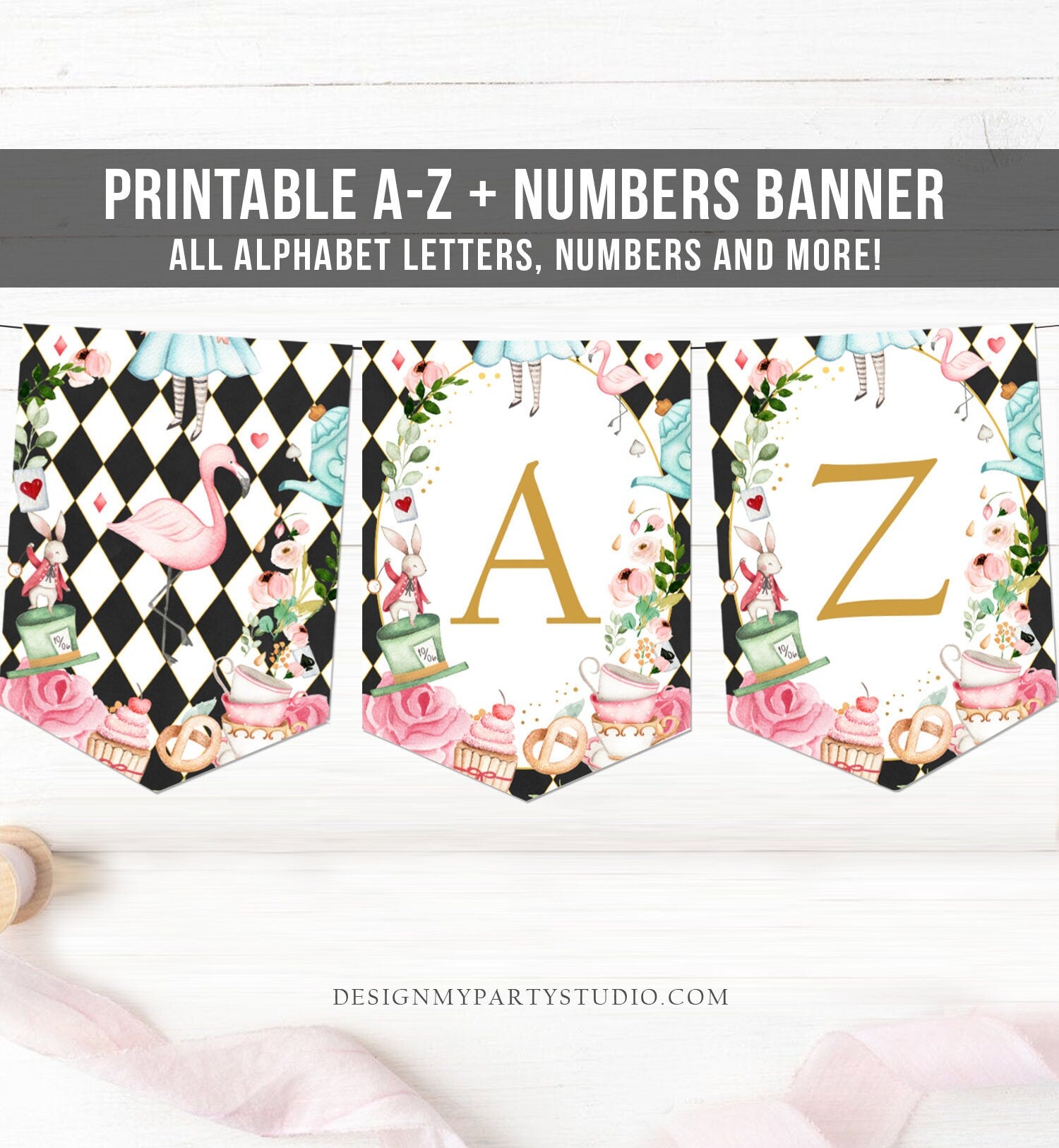 Alice in Wonderland Alphabet Banner A-Z Numbers Banner First Happy Birthday Onederland Girl Black Tea Party Shower Decor Printable 0350
