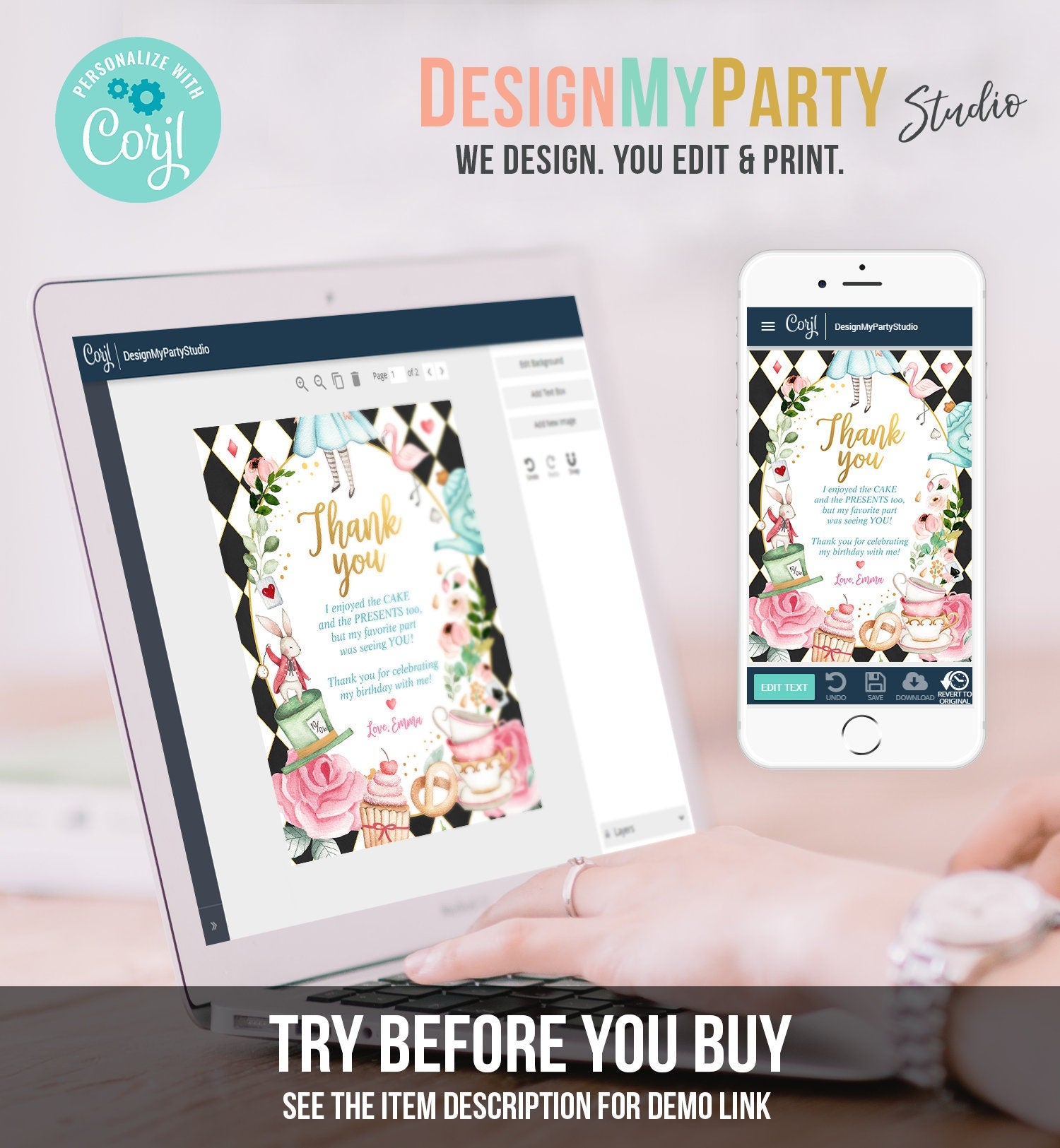 Editable Alice In Wonderland Thank You Card Girl Blue First Birthday Onederland Tea Party Thank You Printable Template Corjl Digital 0350