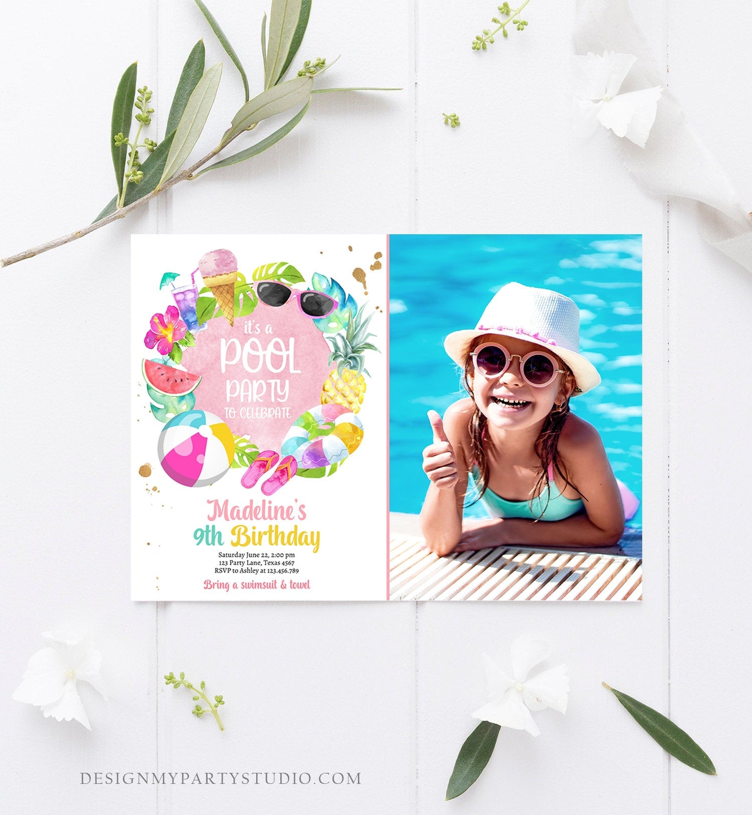 Editable Tropical Pool Party Birthday Invitation Splish Splash Birthday Bash Girl Pineapple Download Printable Invite Template Corjl 0414