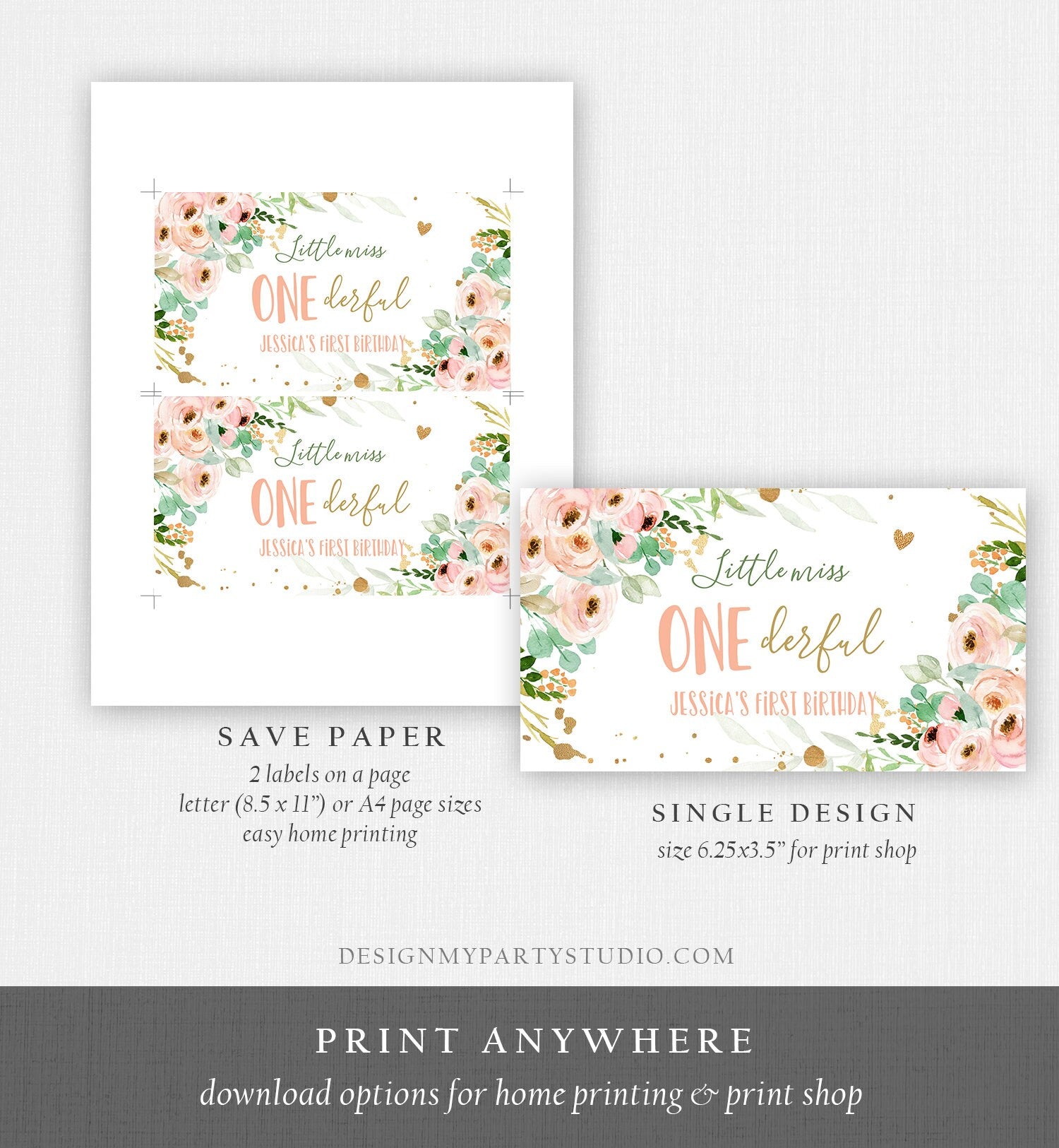 Editable Little Miss Onederful Gable Gift Box Label 1st Birthday Girl Treat Box Label Floral Pink Gold Wild Download Printable Corjl 0147