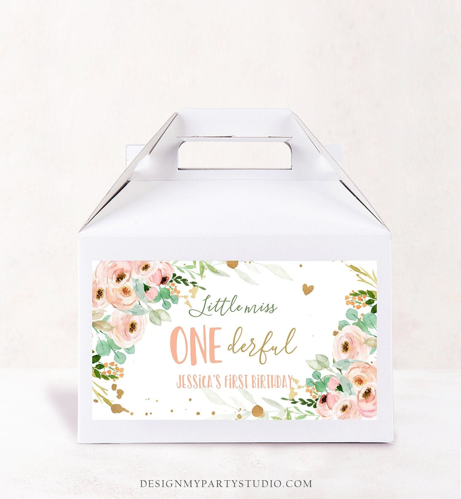 Editable Little Miss Onederful Gable Gift Box Label 1st Birthday Girl Treat Box Label Floral Pink Gold Wild Download Printable Corjl 0147