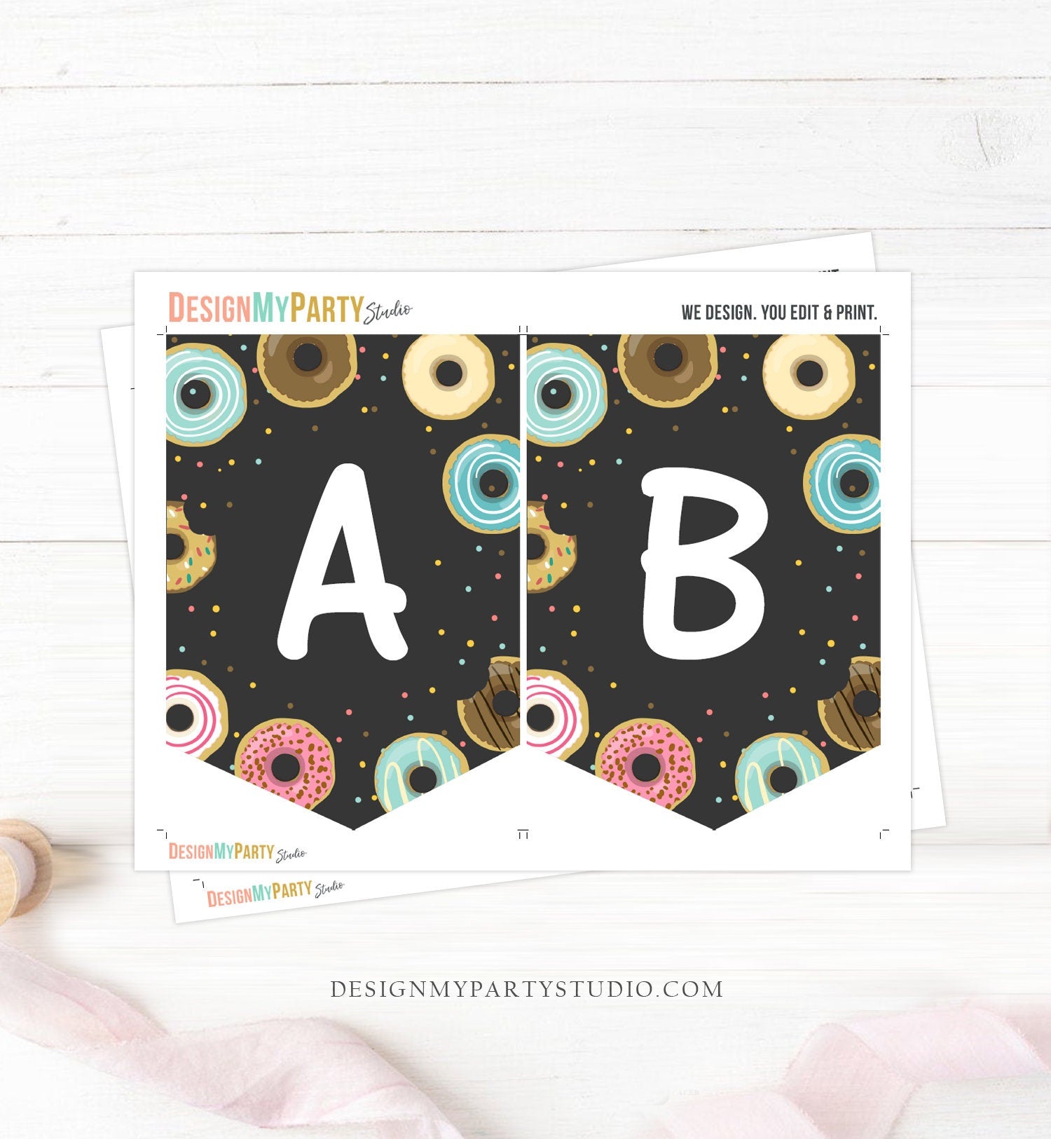 Donut Birthday Banner A-Z Alphabet Numbers Banner Girl Pink Doughnut Party Happy Birthday Decoration Digital Download Printable 0050