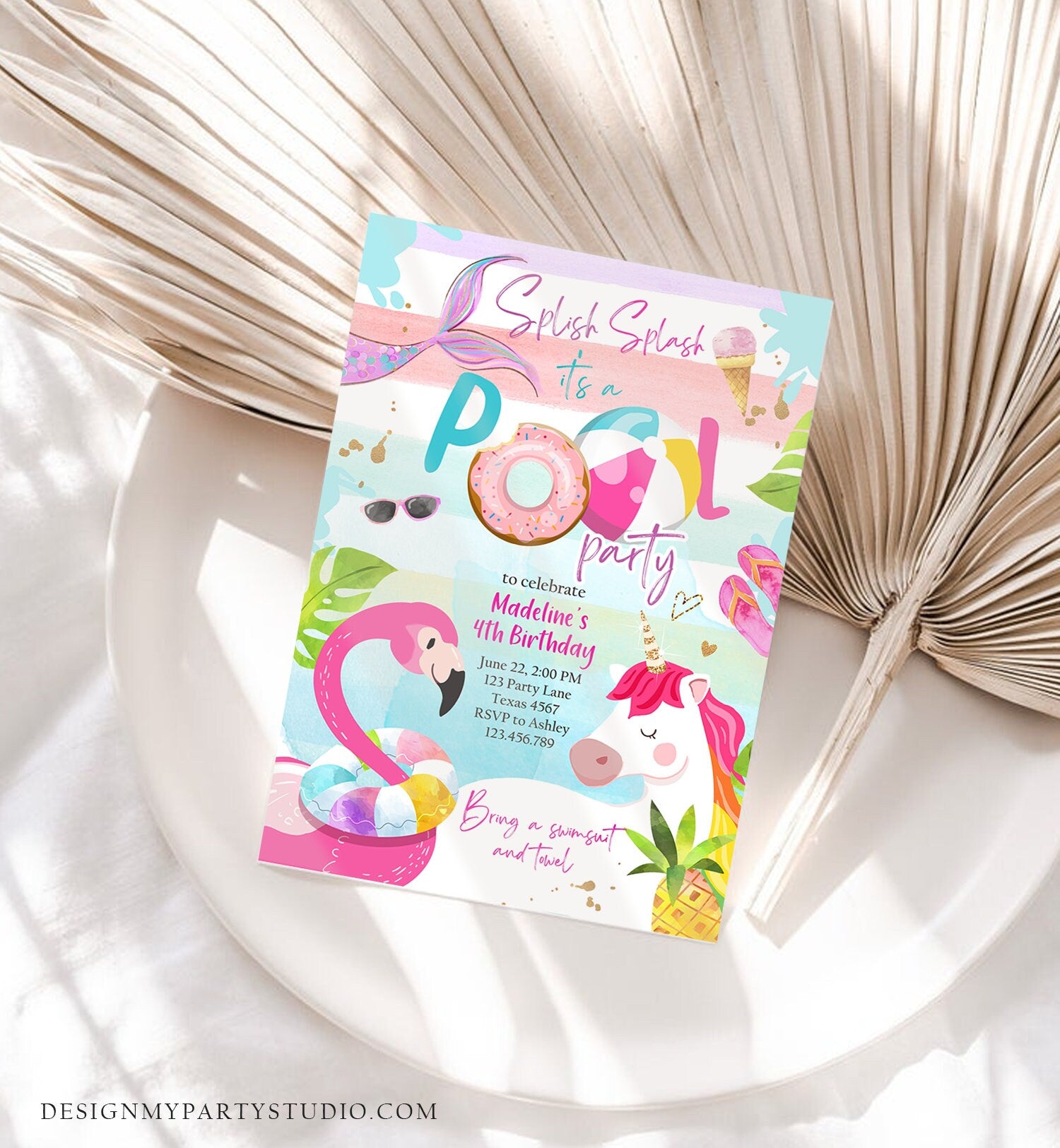 Editable Pool Party Invitation Pool Party Bash Invite Girl Pink Unicorn Float Flamingo Tropical Download Printable Template Corjl 0416