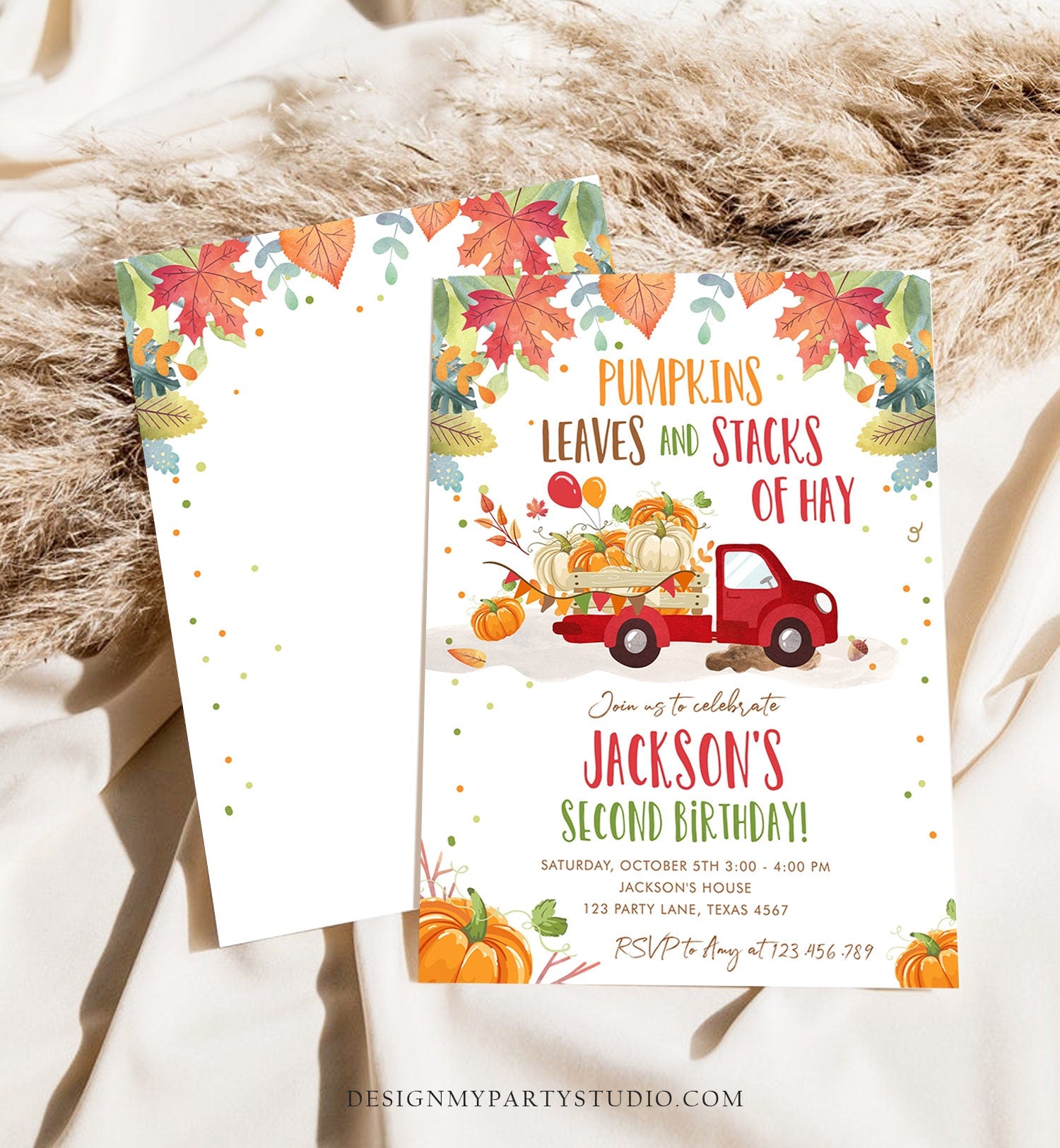 Editable Pumpkin Birthday Invitation Boy Fall Boy Pumpkin Red Truck Birthday Party Orange Download Printable Invitation Corjl Template 0153