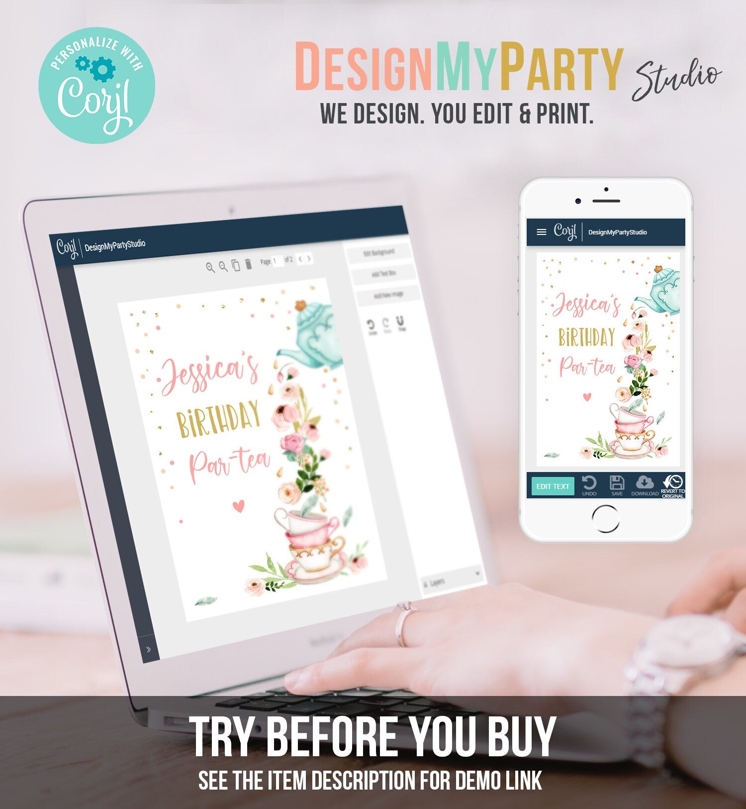 Editable Tea Party Capri Sun Labels Juice Pouch Labels Floral Tea Birthday Girl Pink Gold Par-tea Download Corjl Template Printable 0349