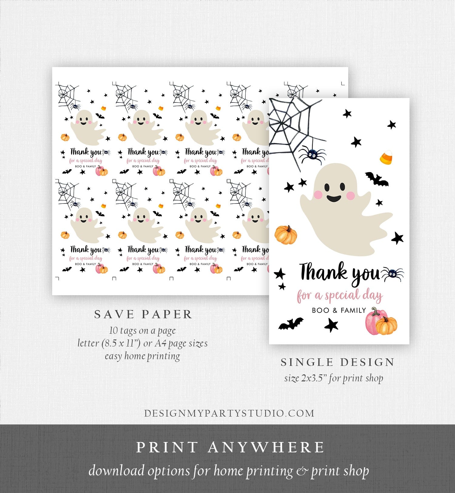 Editable Halloween Baby Shower Thank You Favor Tags Little Boo Cute Pink Ghost Halloween Birthday Download Printable Template Corjl 0418