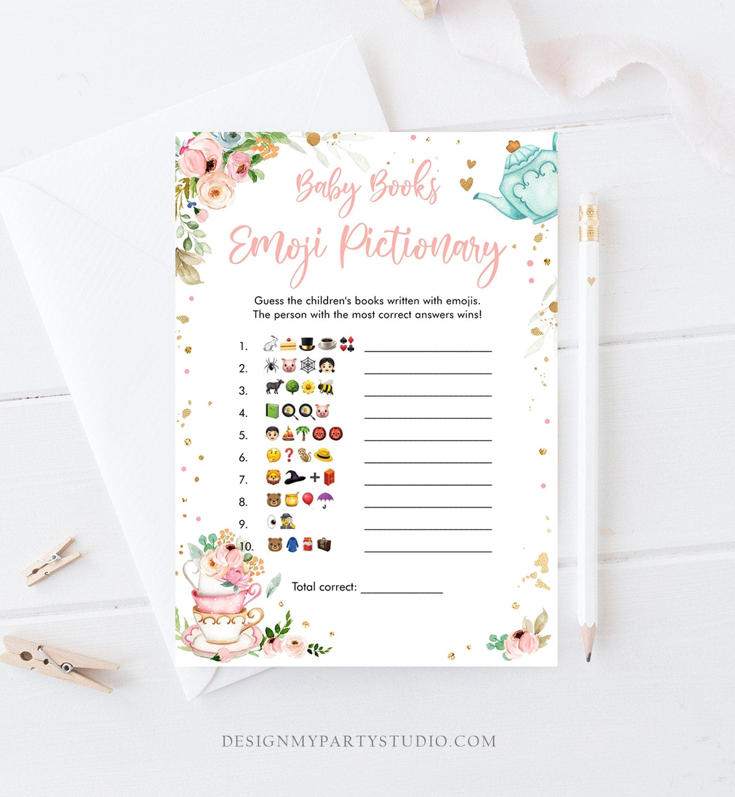 Editable Emoji Pictionary Baby Shower Game Baby Books Tea Party Baby is Brewing Game Shower Activity Corjl Template Printable 0349